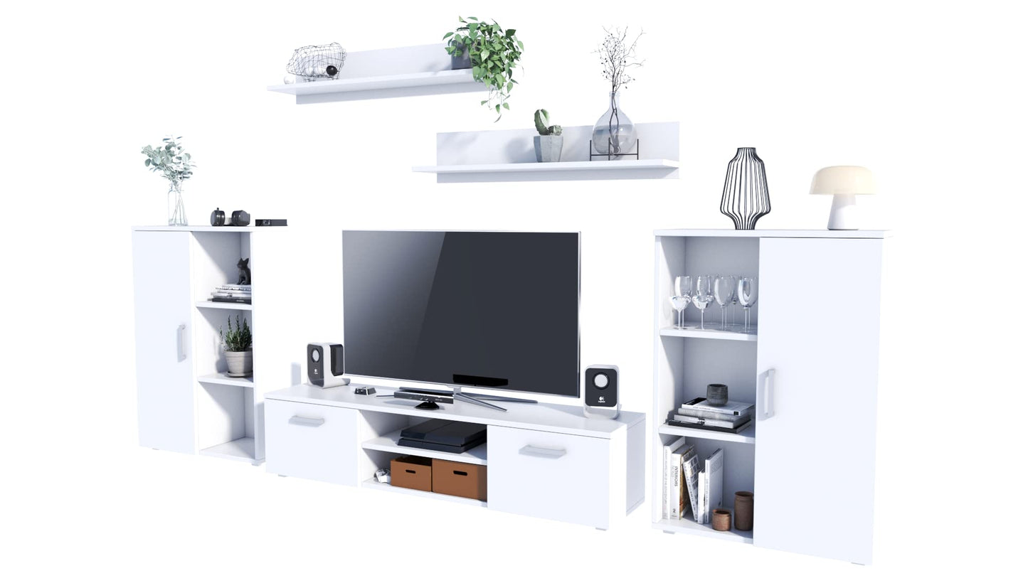 MATKAM Herkules II Wall Unit, Modern Living Room Cabinet with TV Table, Sideboard and Wall Shelf, Living Room Complete Furniture (White/Black)