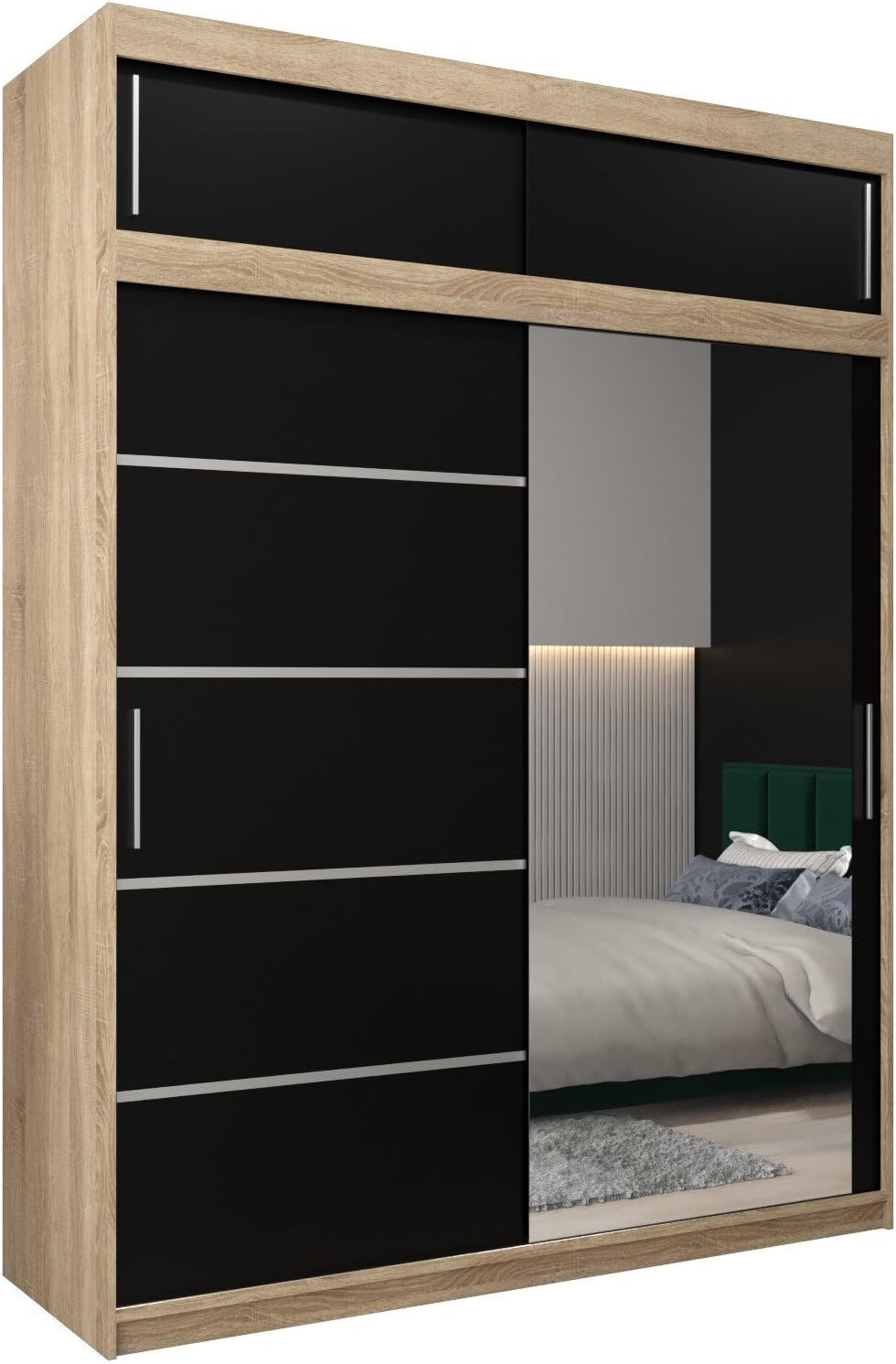 MEBLE KRYSPOL Kleiderschrank mit Spiegel Verona 2 - Garderobenschrank - Schrank Schlafzimmer - Mehrzweckschrank DREI Schiebetüren - Regalen - Flur Möbel - Kleiderstange Schrank - Allzweckschrank