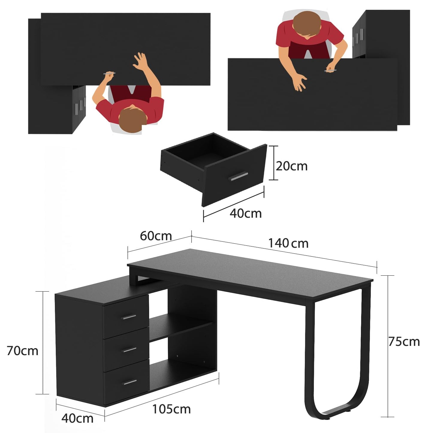 DEZAGCE L Förmiger Schreibtisch, Eckschreibtisch, Computertisch, Schbreibtisch mit 3 Schubladen und 105 cm Länge Aktenschrank,Arbeitstisch, Schreibtische, Weiß, 140 x 105 x 75 cm