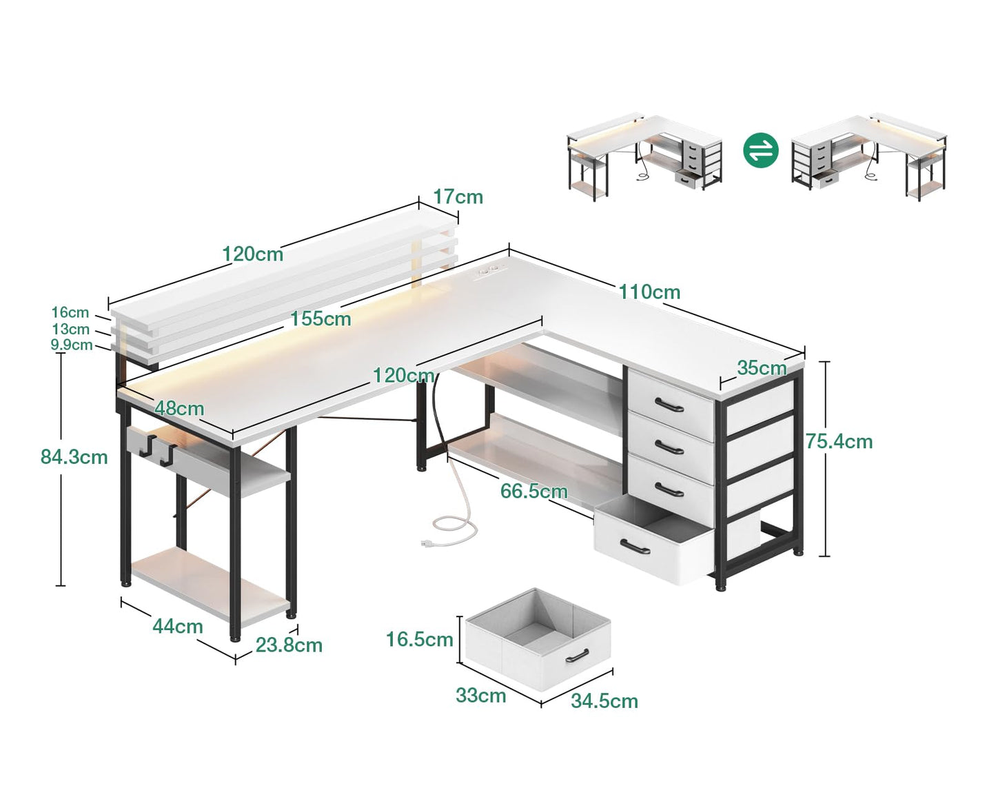ODK Schreibtisch mit Schubladen, Reversible Eckschreibtisch mit 2 Steckdosen und 2 USB Ladeanschluss, Bürotisch L Form mit LED für Home Office 155×110cm (Alles Weiß)