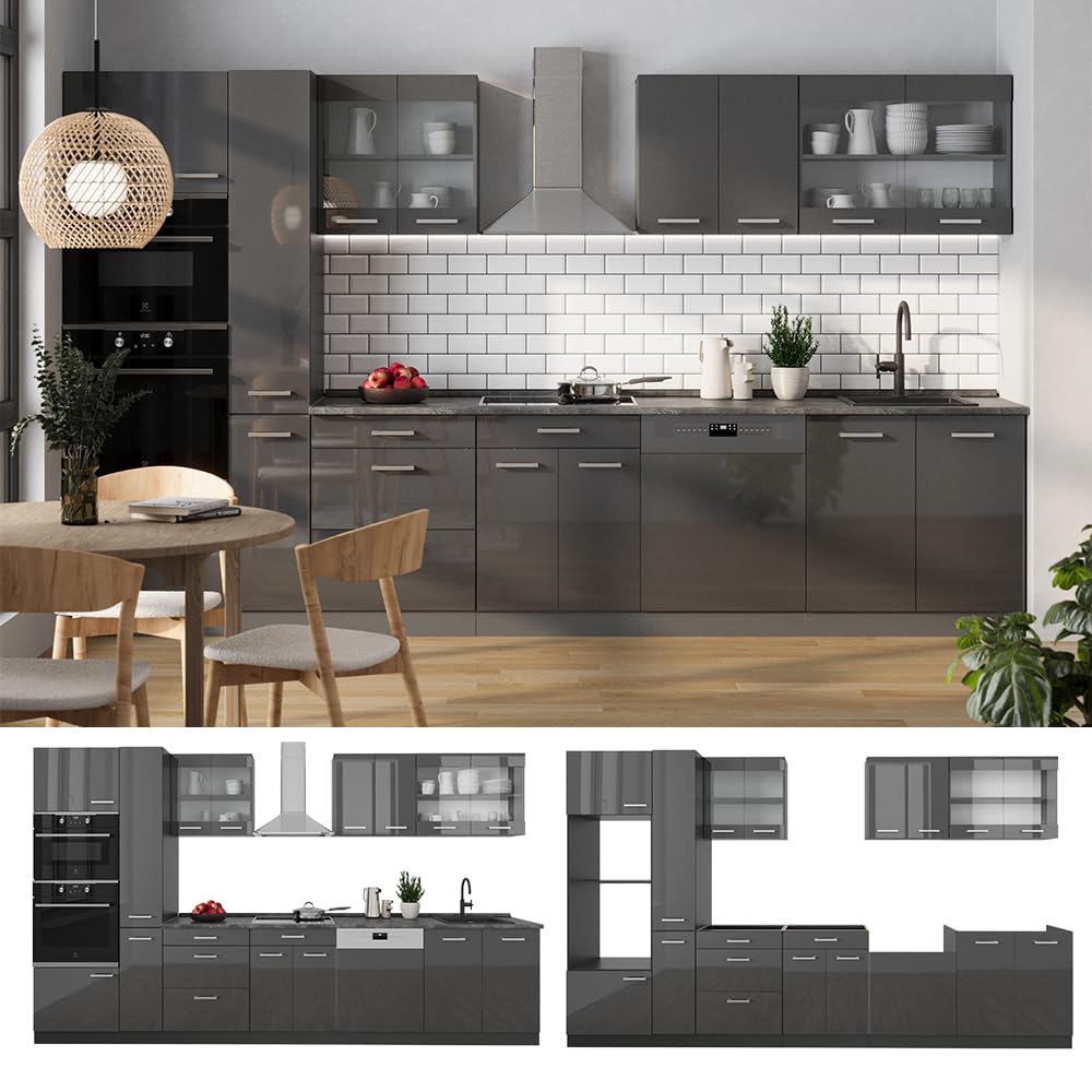 Vicco R-Line Fitted Kitchen Cabinets Anthracite Kitchen Furniture (Anthracite / White High Gloss, MUS 350 cm)