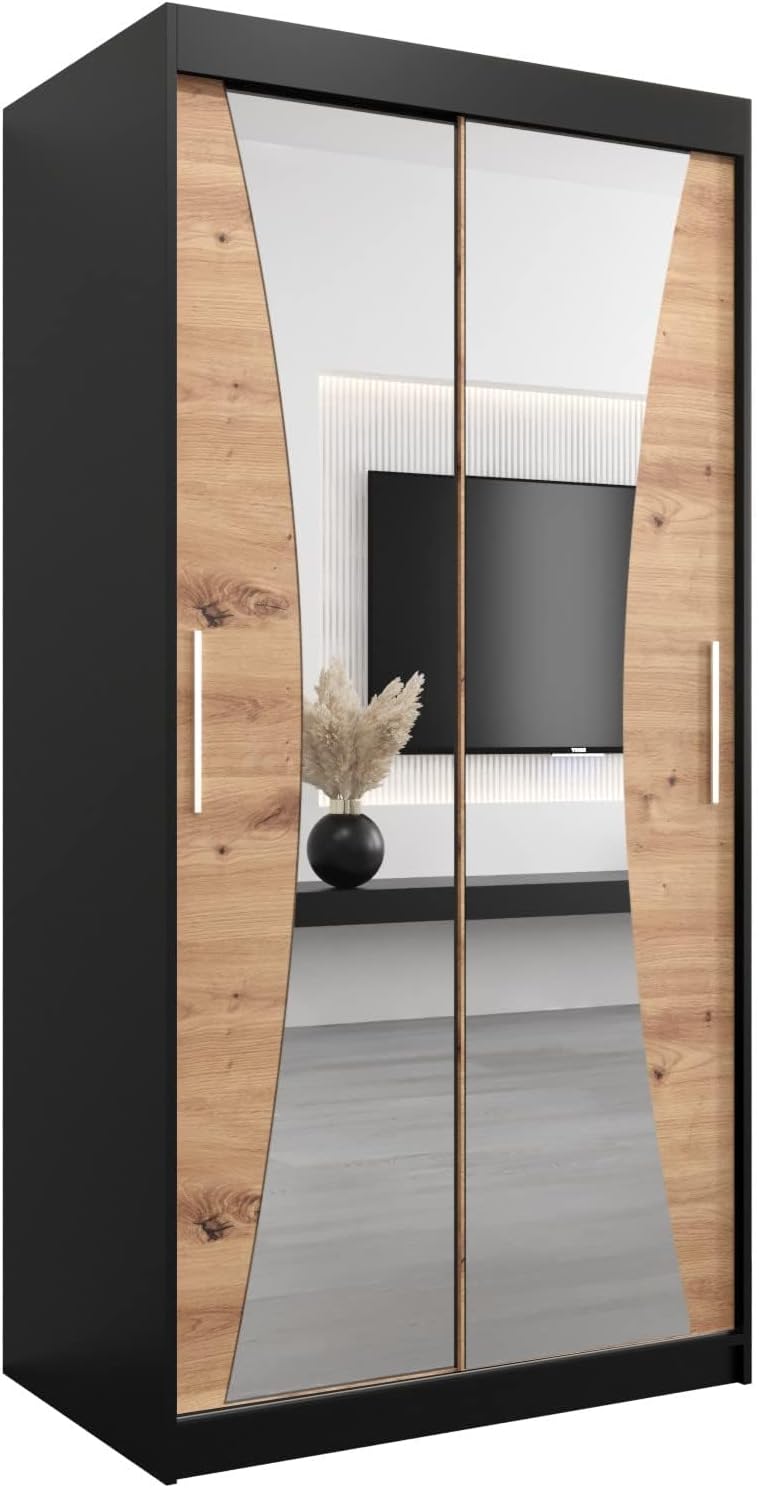 MEBLE KRYSPOL Kleiderschrank mit Spiegel Monaco - Garderobenschrank - Schrank Schlafzimmer - Mehrzweckschrank DREI Schiebetüren - Regalen - Flur Möbel - Kleiderstange Schrank - Allzweckschrank