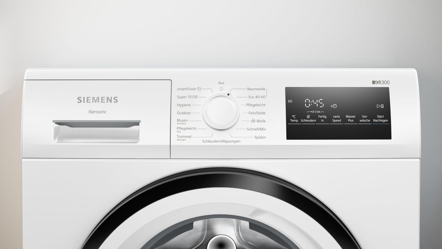 Siemens WM14N12A Waschmaschine iQ300, Frontlader mit 9kg Fassungsvermögen, 1400 UpM, speedPack L, smartFinish, Outdoor-Programm, LED-Display, Weiß, 60cm