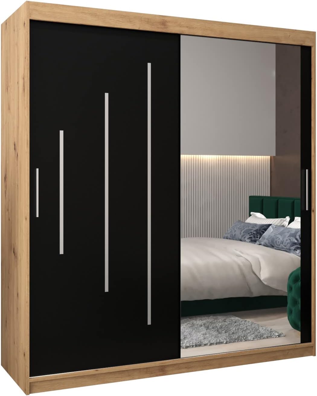 MEBLE KRYSPOL Kleiderschrank mit Spiegel York 2 - Garderobenschrank - Schrank Schlafzimmer - Mehrzweckschrank Zwei Schiebetüren - Regalen - Flur Möbel - Kleiderstange Schrank - Allzweckschrank