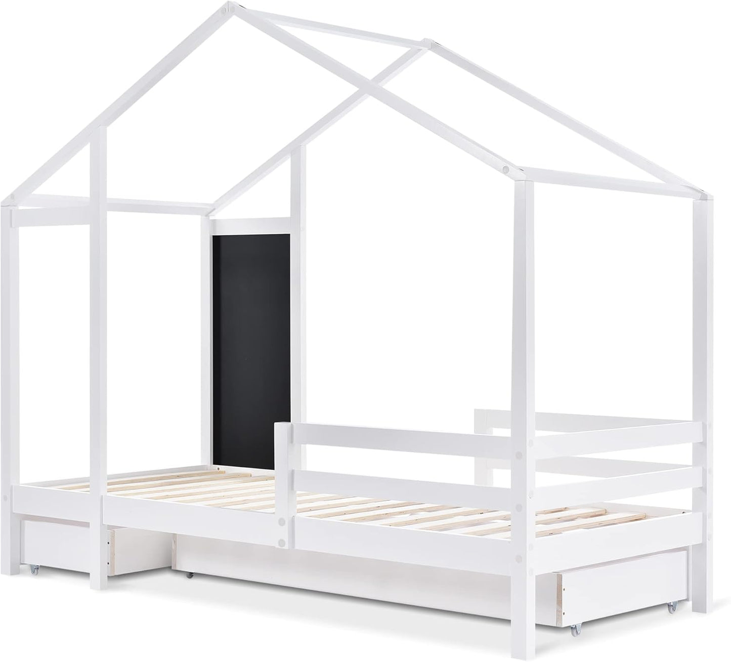 Merax Children's Bed 90 x 200 cm with Fall Protection, Children's House Bed with Drawers and Storage Shelf, Sturdy Wooden Tree House Bed with Slatted Frame, Play Bed for Boys and Girls, White