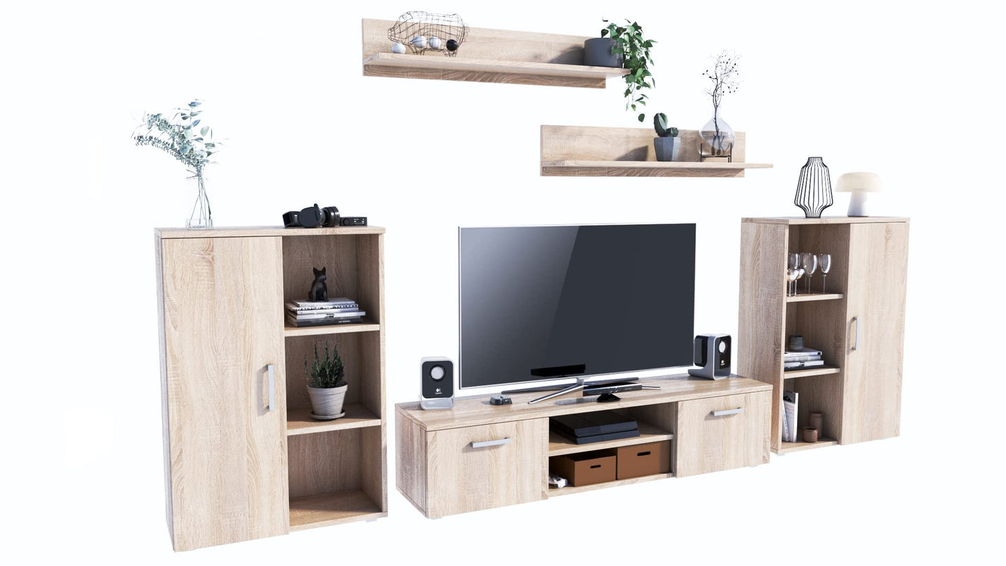 MATKAM Herkules II Wall Unit, Modern Living Room Cabinet with TV Table, Sideboard and Wall Shelf, Living Room Complete Furniture (White/Black)