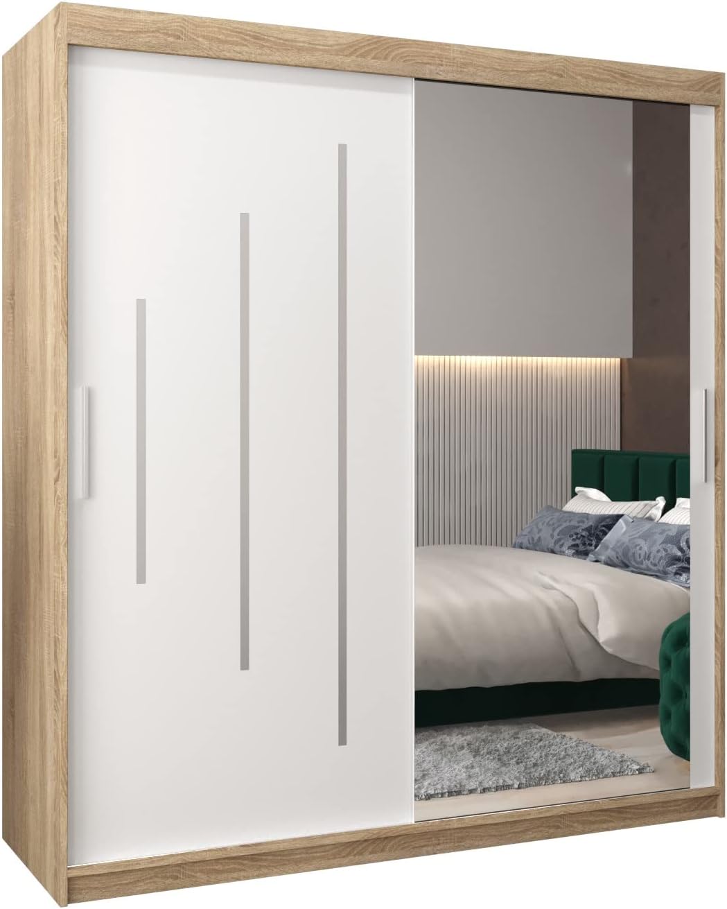 MEBLE KRYSPOL Kleiderschrank mit Spiegel York 2 - Garderobenschrank - Schrank Schlafzimmer - Mehrzweckschrank Zwei Schiebetüren - Regalen - Flur Möbel - Kleiderstange Schrank - Allzweckschrank