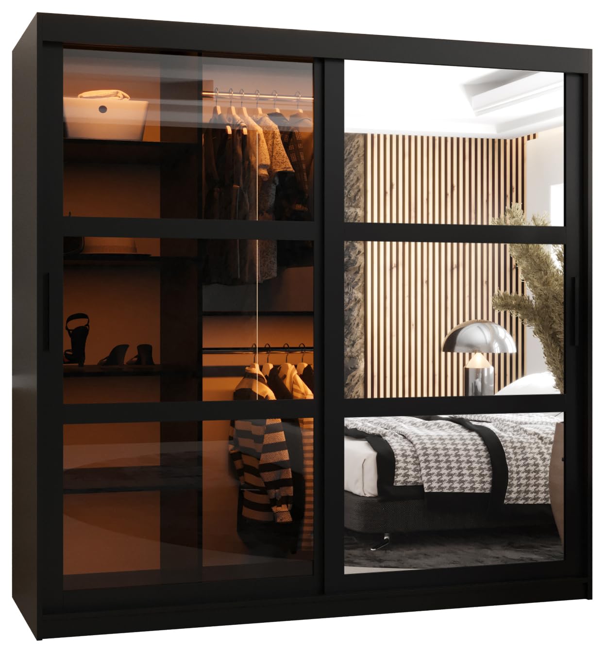 MEBLE KRYSPOL Dome 2 Schrank mit DREI Schiebetüren mit Spiegel, Stangen und Regalen - Aufbewahrungsschrank mit Rauchglas für Schlafzimmer, Wohnzimmer - 200x250x62cm - Schwarz, Schwarz, Schwarz
