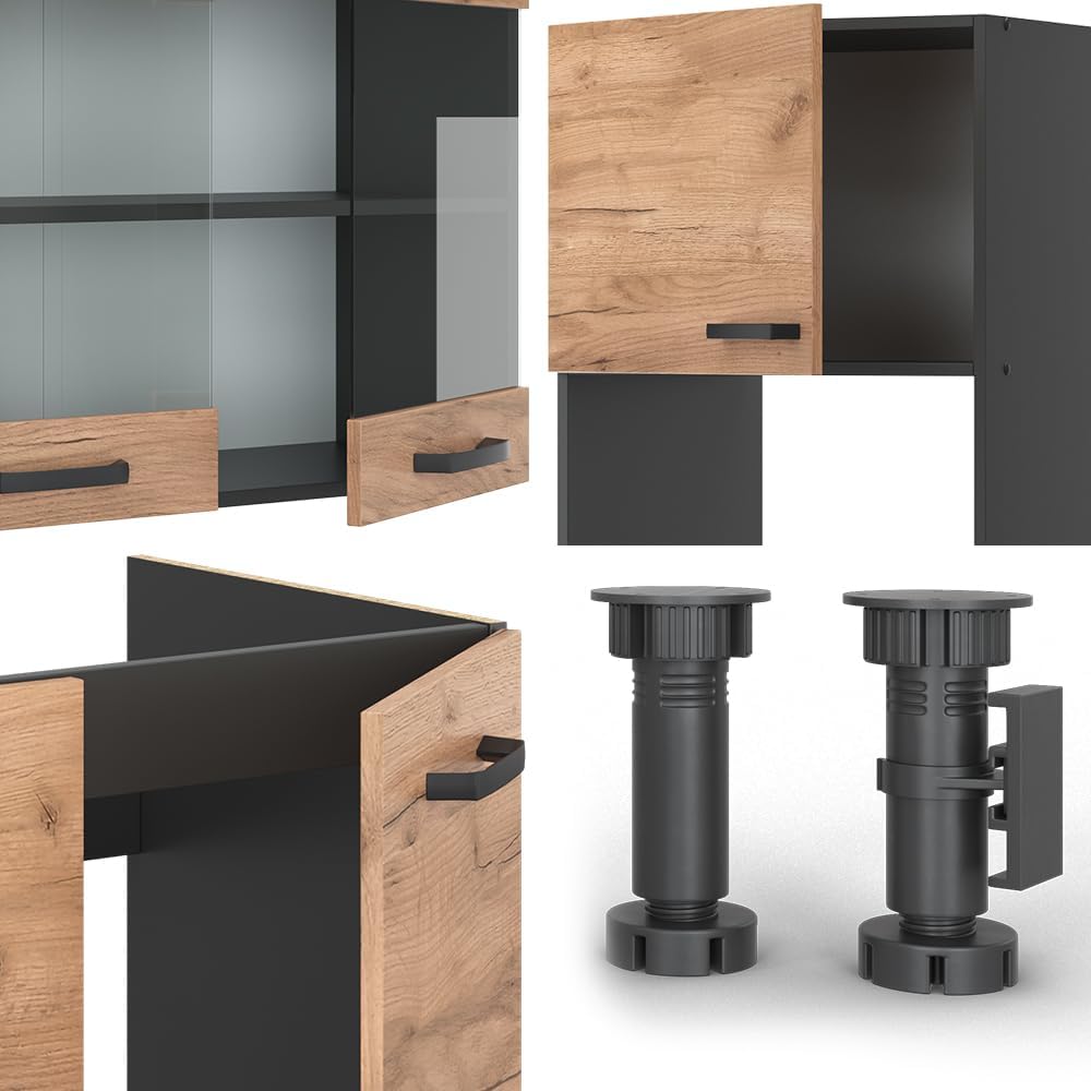 Vicco R-Line Fitted Kitchen Cabinets Anthracite Kitchen Furniture (Anthracite / White High Gloss, Corner 247 x 237 cm)