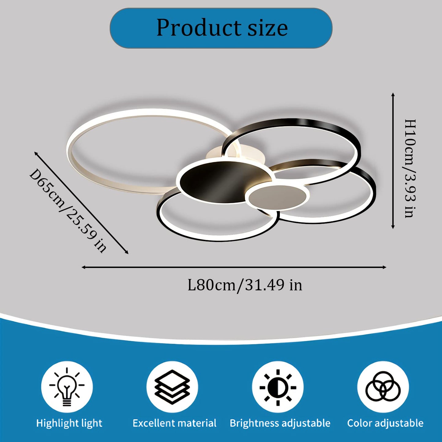 WERSVG L80cm Modern LED Deckenleuchte Wohnzimmer Deckenlampe gold 6-Ring Deckenleuchte 70W 5600LM Dimmbar 3500K - 6500KMit Fernbedienung flurlampe decke, für Wohnzimmer Schlafzimmer Küche Esszimmer