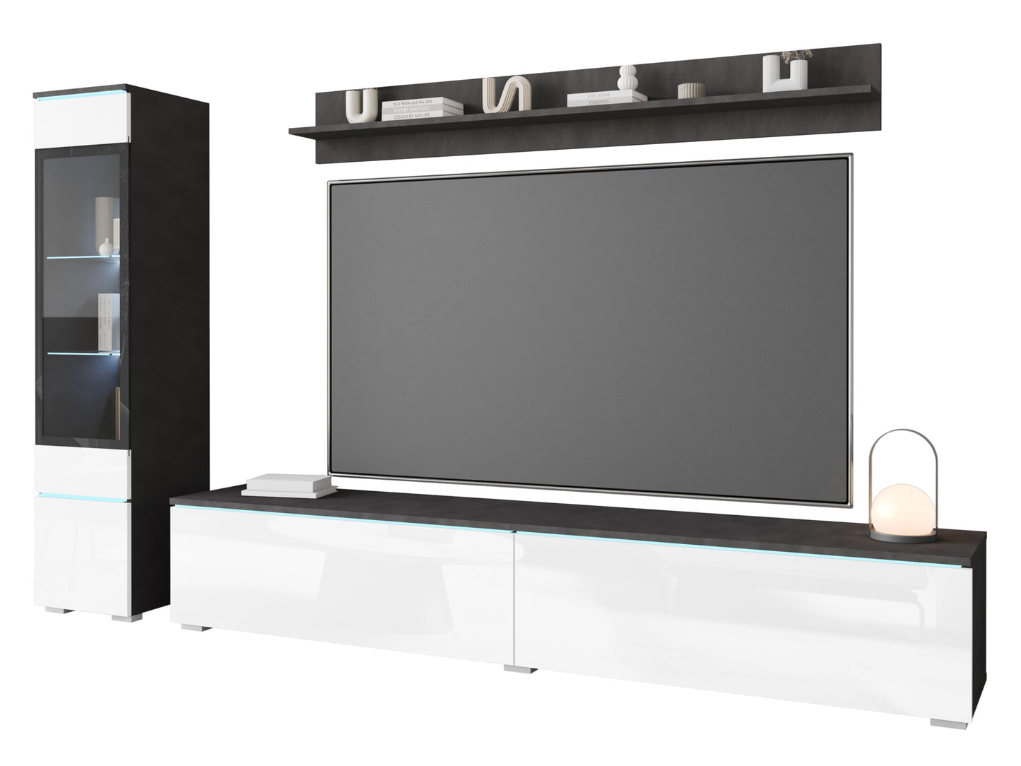 MINIO go for it Veve 2, 4-Piece Wall Unit Set, Hanging or Standing, 2 x Tall Cabinet Display Cabinets, Lowboard, Wall Board, Laminated Clamping Plate, Wotan Oak and Black Gloss, without Lighting
