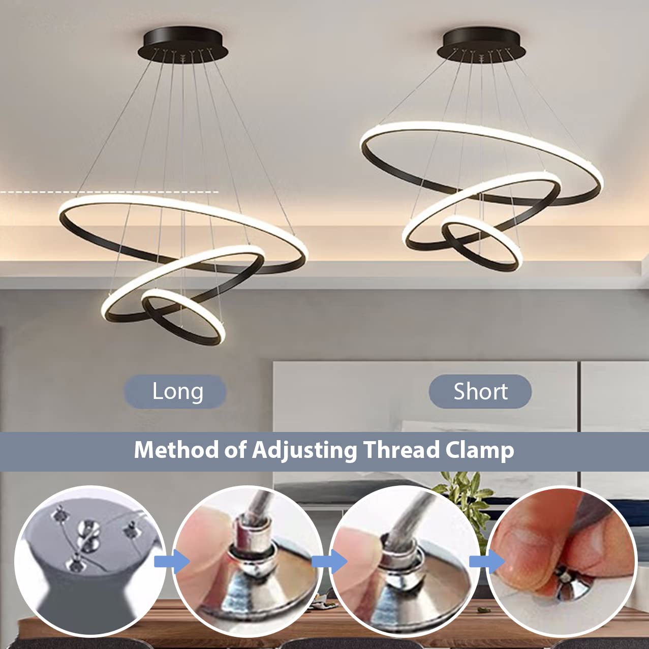 KSIBNW 3 Ringen Moderne LED Hängelampe Esstisch,45W LED Hängeleuchte & Pendelleuchten Höhenverstellbar für Esszimmer Wohnzimmer,Dimmbar Hängeleuchte Aluminium Mit Fernbedienung,3000K-6500K,Schwarz