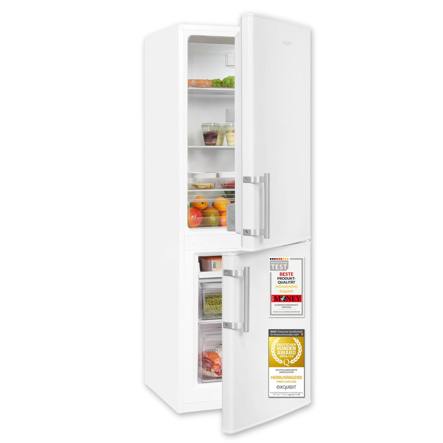 Exquisit Kühl-Gefrierkombination, 143 cm Höhe, Kühlschrank mit Gefrierfach, 4-Sterne-Gefrieren, 173 Liter, Alarm-Funktion, Kühl Gefrierkombination freistehend, KGC5233-60-HE-040D weiss