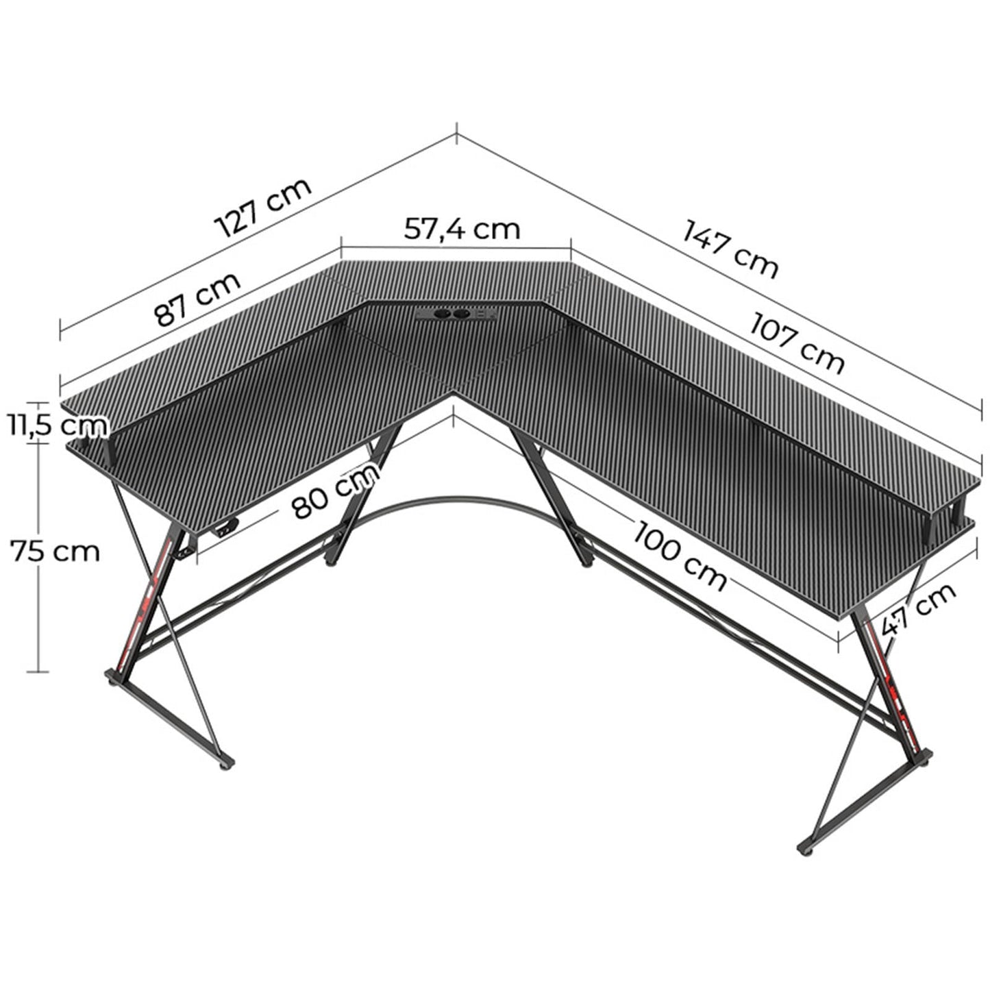 SEVEN WARRIOR Gaming Table L Shape, Gaming Desk with Socket, LED, Monitor Stand & 2 Hooks, Corner Desk with Carbon Fibre Surface, PC Computer Desk for Bedroom (127 x 127 cm)
