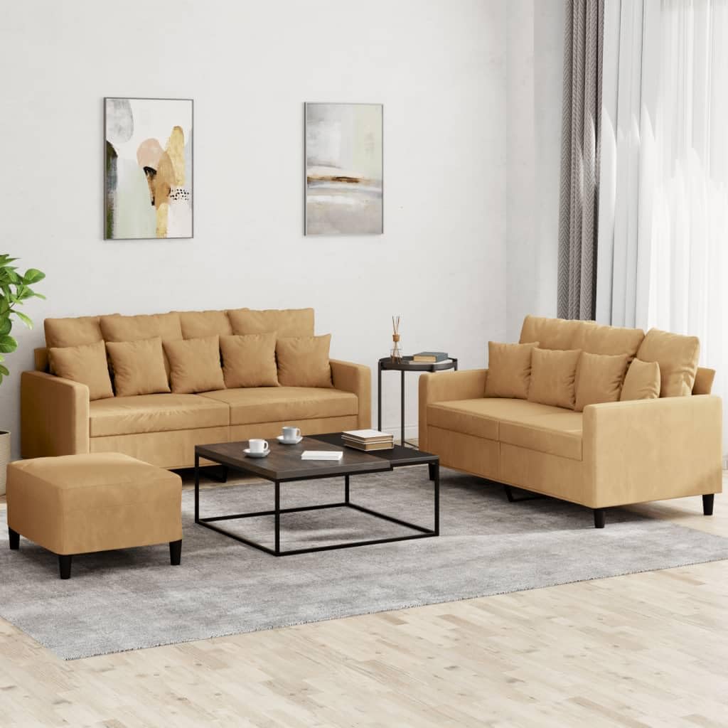 Willood 3-TLG. Sofagarnitur mit Kissen Dunkelgrau Samt,Sofa geeignet für Wohnzimmer, Sofa Set, mit Armlehnen und Kissen