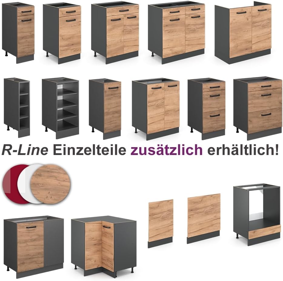 Vicco Kitchen Unit L 210 cm Kitchen Block Angle Corner Built-in Sonoma Oak - Freely Combinable Units - R-Line