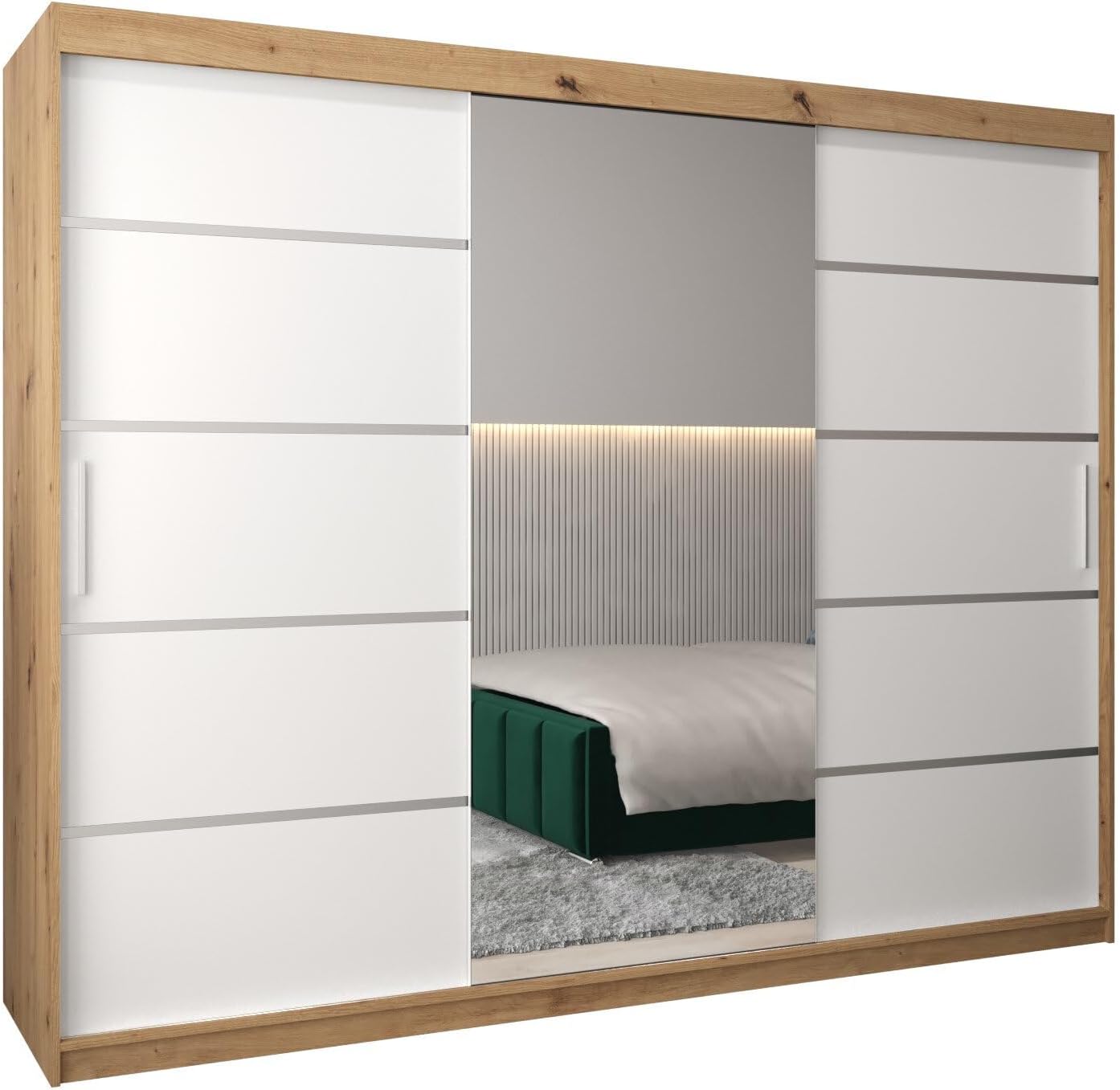 MEBLE KRYSPOL Kleiderschrank mit Spiegel Verona 2 - Garderobenschrank - Schrank Schlafzimmer - Mehrzweckschrank DREI Schiebetüren - Regalen - Flur Möbel - Kleiderstange Schrank - Allzweckschrank