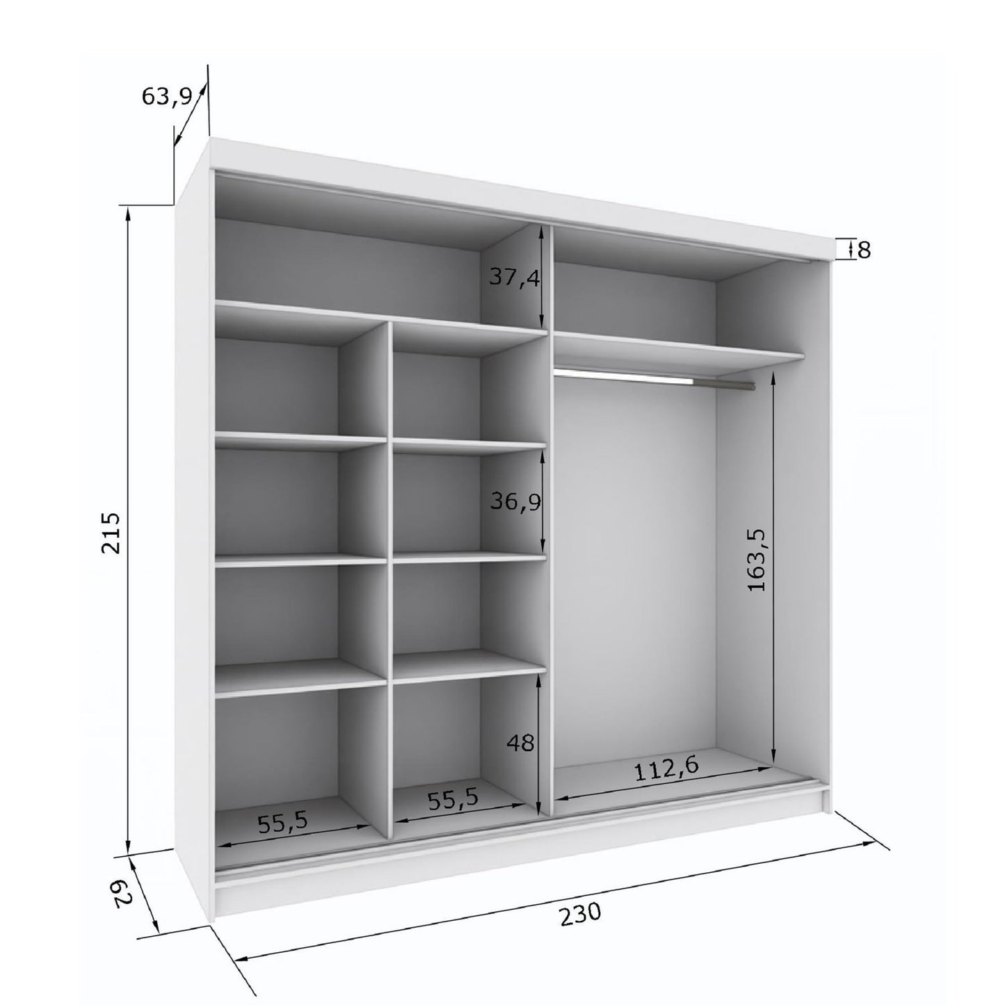 Marlux-Meble Two-Door Wardrobe 230 cm Wide with Floating and Sliding Doors Corner Wardrobe Bedroom Cabinet Hallway Cabinet System Cabinet High Gloss Cabinet