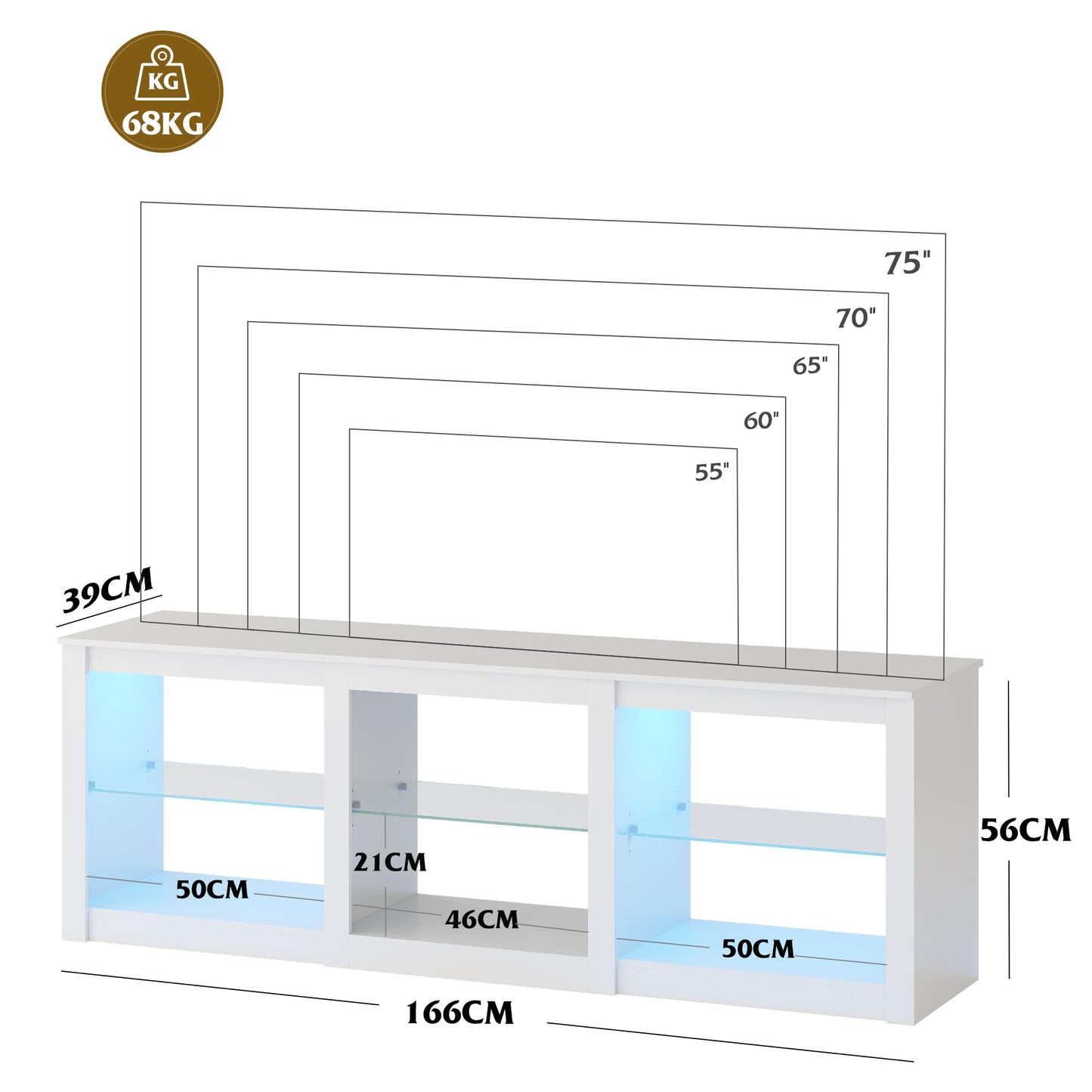 WLIVE LED TV Cabinet, 166 x 39 x 56 cm, Lowboard for TVs up to 75 Inches, TV Stand with Adjustable Glass Shelf for Living Room, Bedroom (Black)