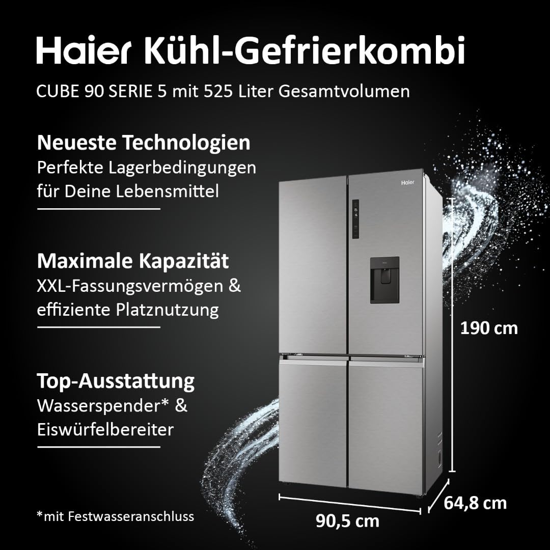 Haier Multi Door Kühl-Gefrierkombination I CUBE 83 SERIE 7 HCR7818DWPT I 4-türiger Kühlschrank mit Gefrierfach, XXL-Fassungsvermögen & 83cm Breite I 463L, Energieklasse D I Wasserspender & No Frost
