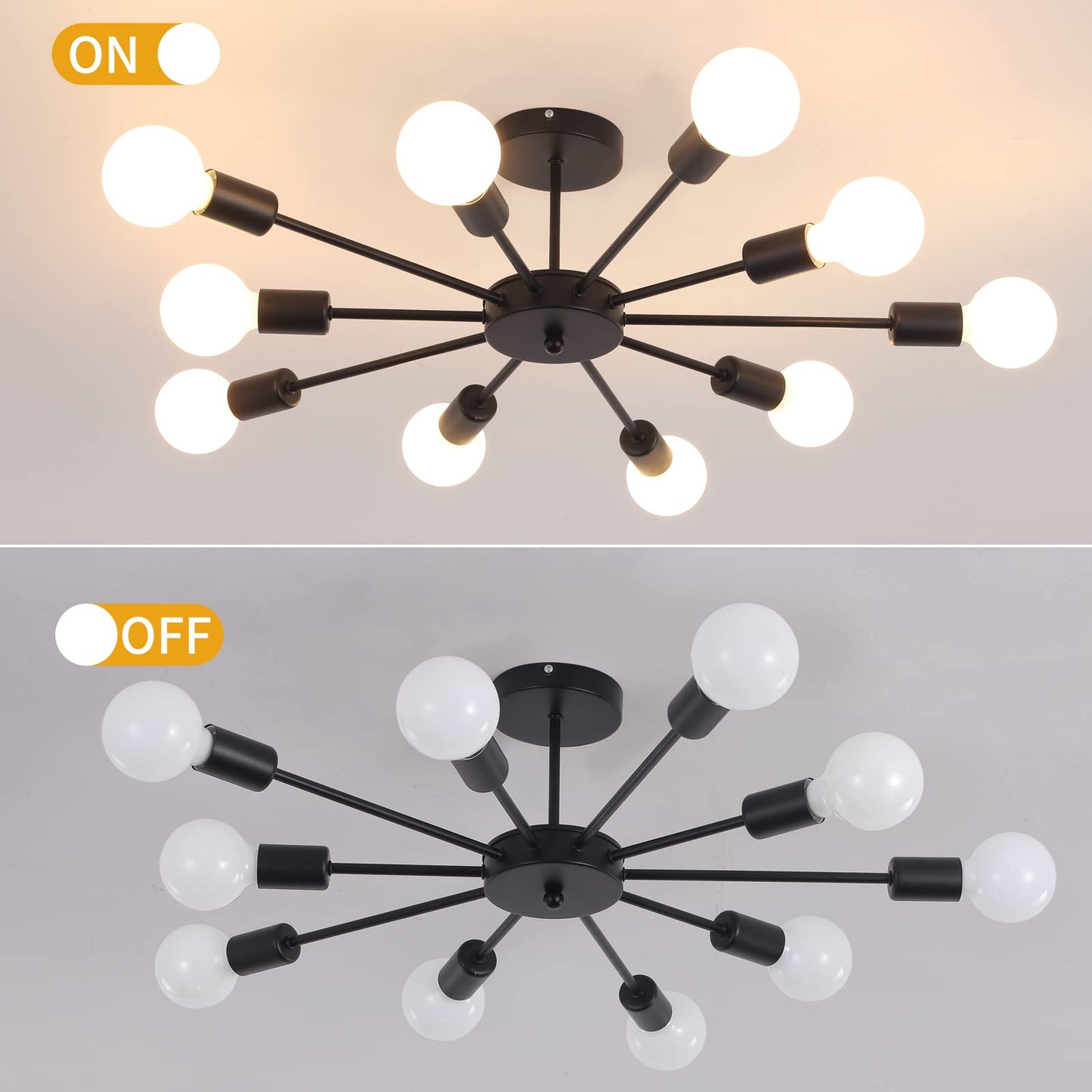 JIINOO 10 Lights Modern Chandelier Ceiling Light Gold Industrial Ceiling Lamp Medieval Semi Flush Mount Chandelier Ceiling Light for Kitchen Dining Room Living Room Bedroom Lighting