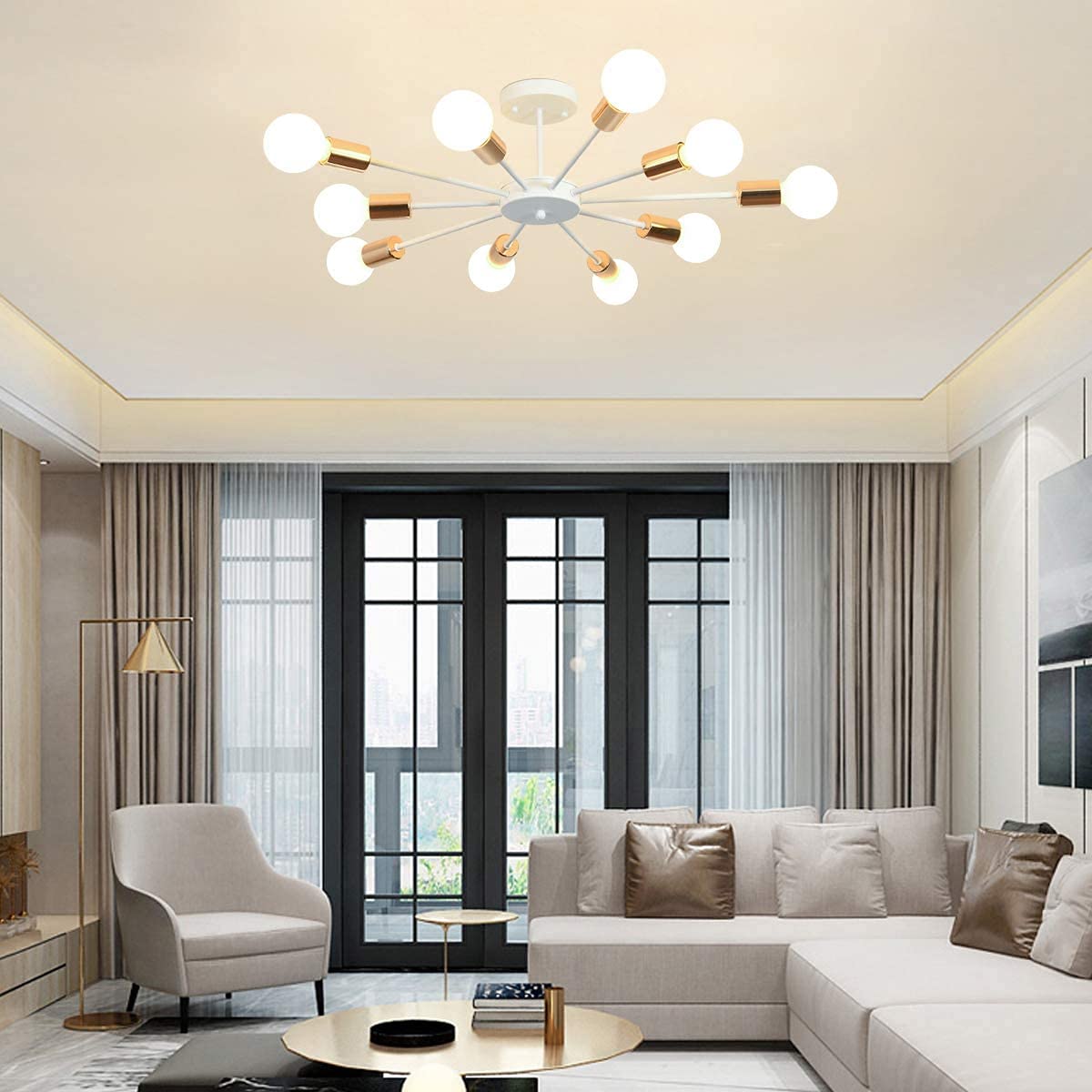 JIINOO 10 Lights Modern Chandelier Ceiling Light Gold Industrial Ceiling Lamp Medieval Semi Flush Mount Chandelier Ceiling Light for Kitchen Dining Room Living Room Bedroom Lighting
