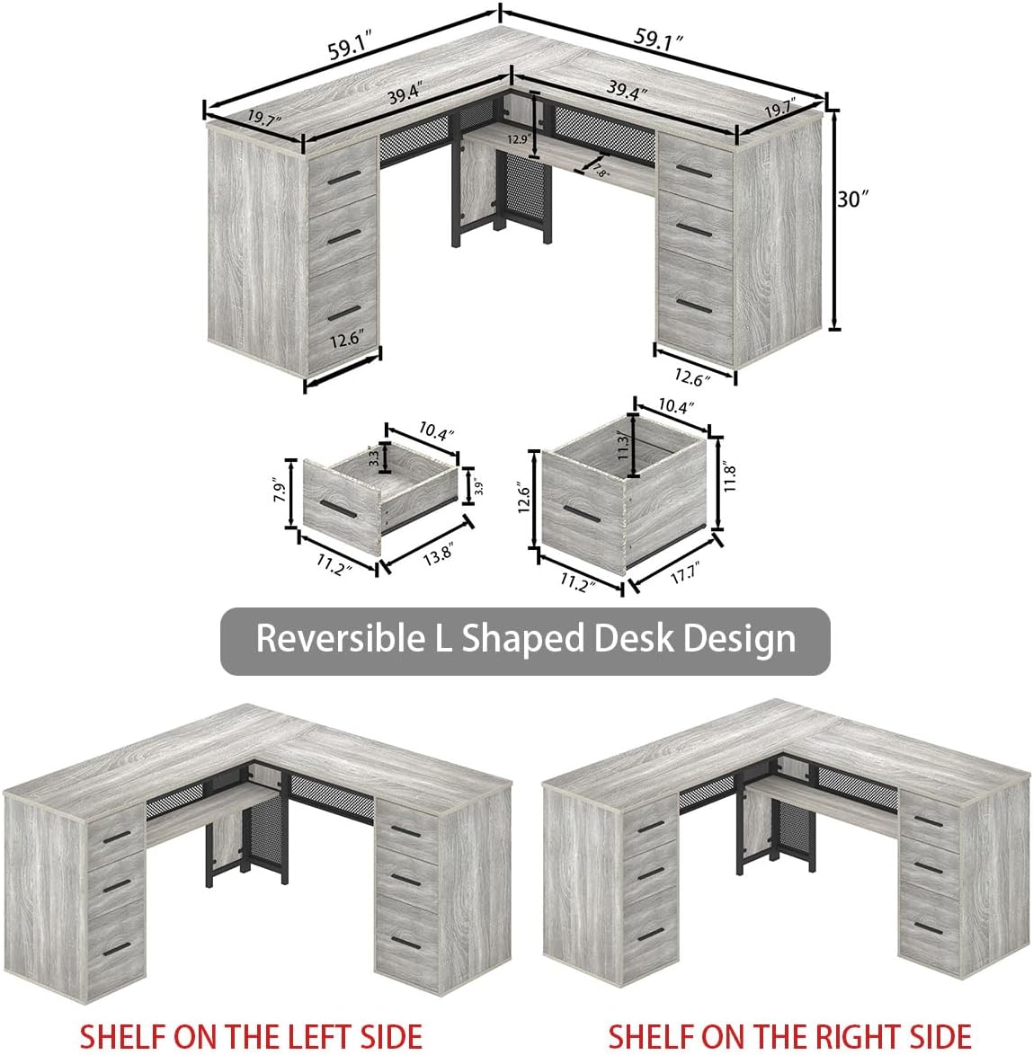 HSH - Black L Shape Corner Desk with Filing Drawers and Shelves, Reversible Corner Desk Made of Metal and Wood with Storage Cabinets