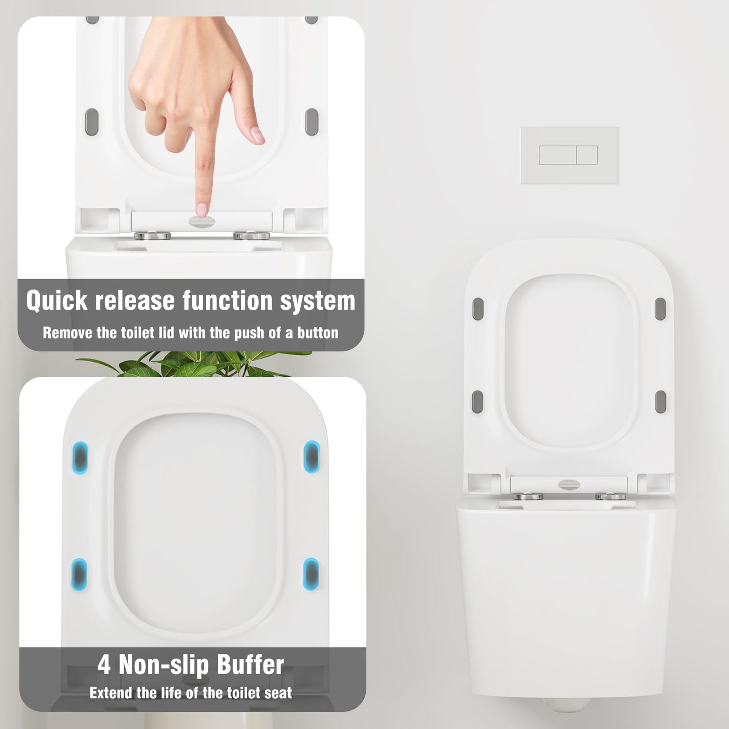 Hängend WC Spülrandlos Toilette, Wand-WC Set aus Keramik mit Toilettendeckel Abnehmbaren Absenkautomatik Effizienter Spültechnik Hängetoilette, D-Form,Lang 51cm, Weiß