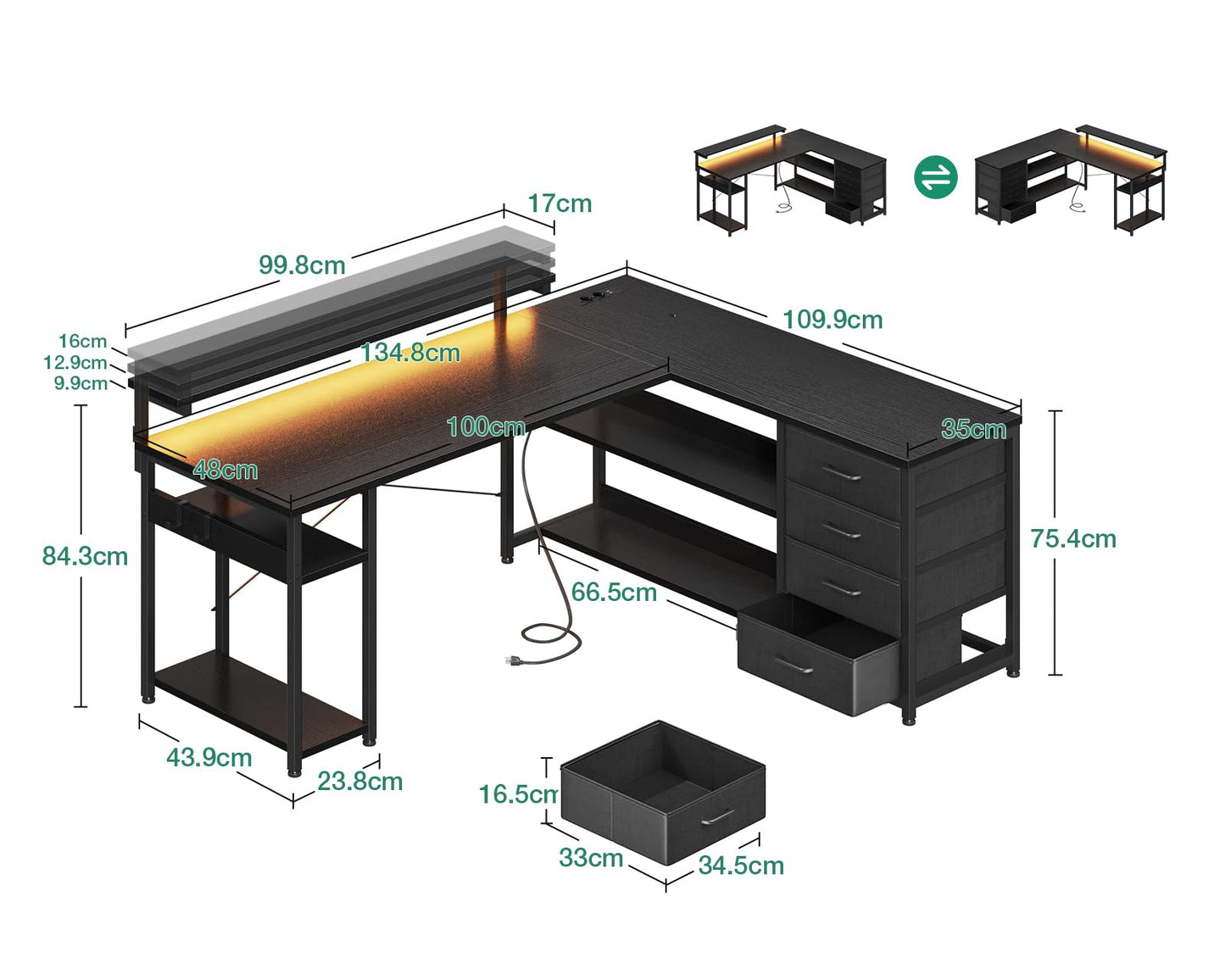ODK Schreibtisch mit Schubladen, Reversible Eckschreibtisch mit 2 Steckdosen und 2 USB Ladeanschluss, Bürotisch L Form mit LED für Home Office 135×110cm (Graueiche)