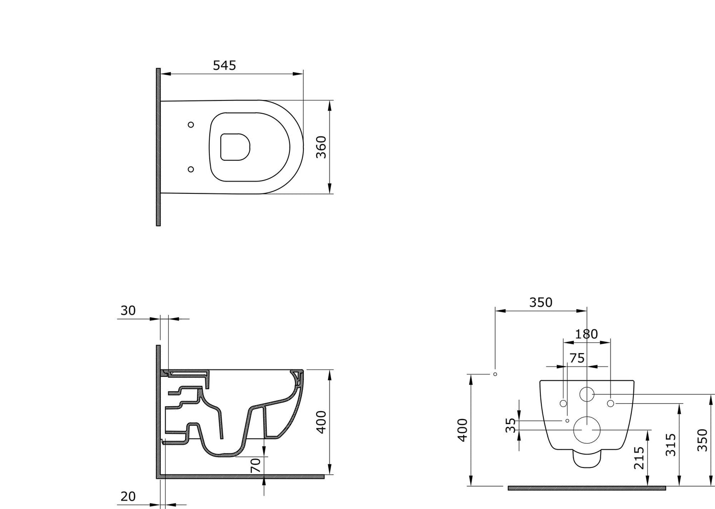 SSWW | Spülrandlose Toilette mit Softclose Toilettendeckel, Hänge-WC aus Keramik, Wand-WC, Tiefspüler | 54 cm lang