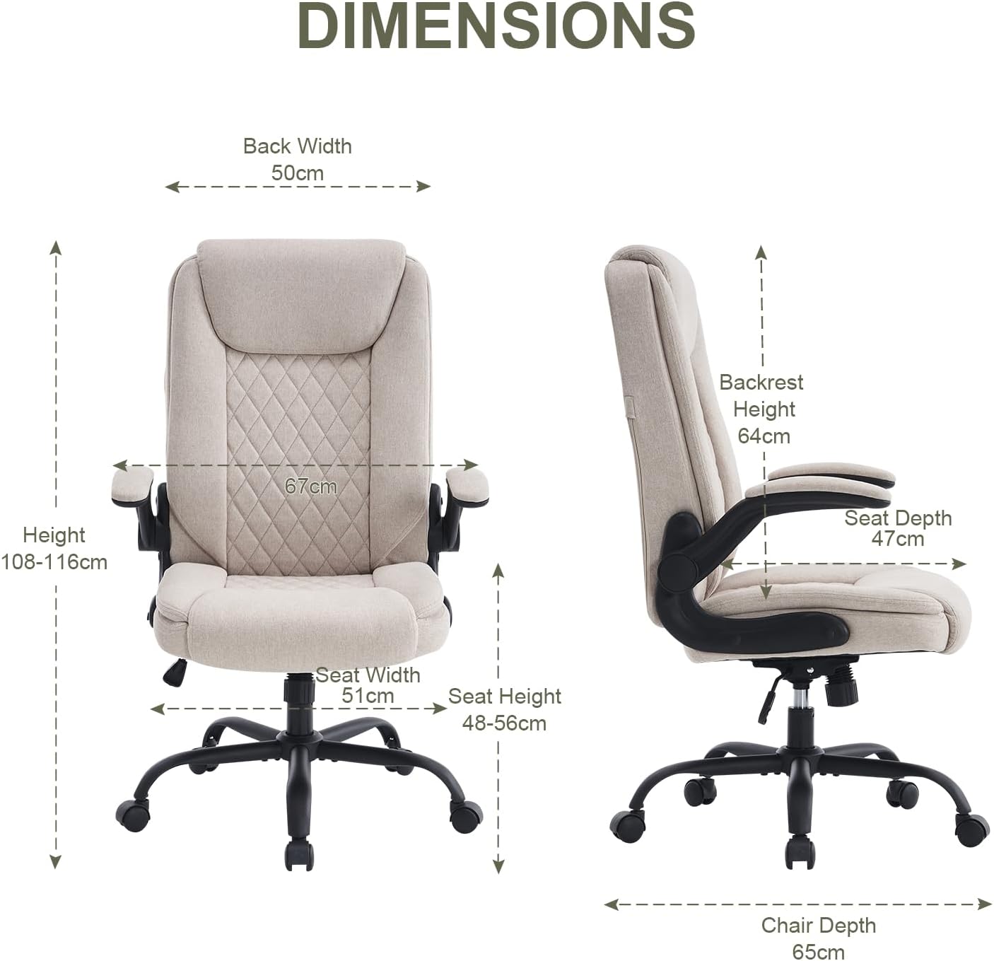 CASTLOVE Bürostuhl Ergonomisch Schreibtischstuhl Chefsessel Mit Gepolsterten Armlehnen Klappbar, H?henverstellung, Wippfunktion und Kopfstütze Bequem für Home-Office Bürostuhl 150kg Beige Stoff