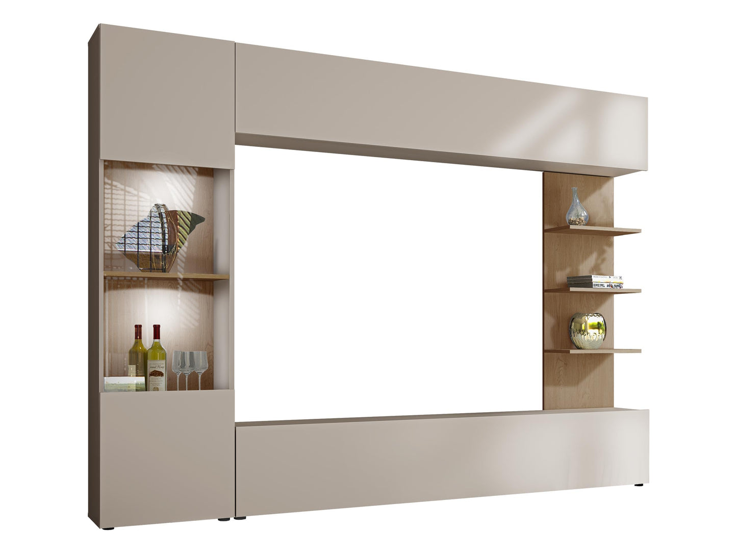 Lazando Wall Unit, Media Wall, Cabinet Wall Consisting of Wall Cabinet, Display Cabinet, TV Lowboard and Wall Shelf (Cashmere/Cremona Oak, with White LED Lighting)
