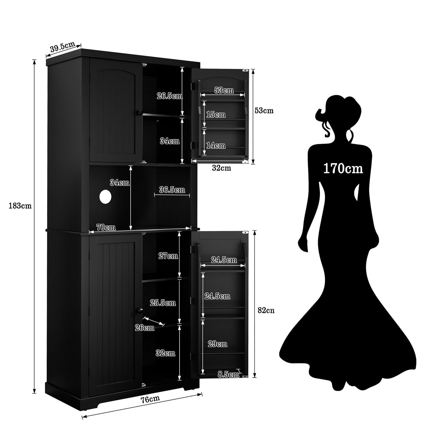 HOLTICO Küchenschrank mit Arbeitsplatte, Hochschrank Küchenbuffet Buffetschrank, Esszimmerschrank, Speisekammer mit Türen und Regalen für Esszimmer, Wohnzimmer, Waschküche,Schwarz