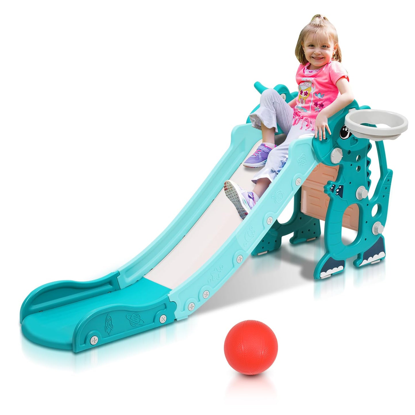 Joparri Children's Slide Foldable Children's Slide Stable Garden Slide with Basketball Hoop and Armrests, Children's Fun Slide with English Early Education Device, Indoor and Outdoor Toddler Slide,