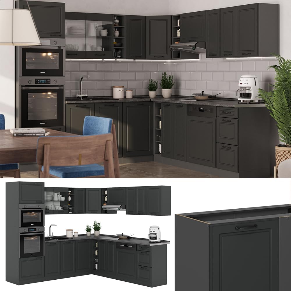 Vicco R-Line Fitted Kitchen Cabinets Anthracite Kitchen Furniture (Anthracite / White High Gloss, Corner 247 x 237 cm)