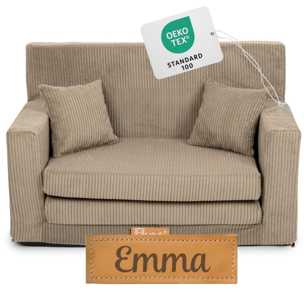 Flumi Personalised Children's/Teenager's Couch/Armchair/Sofa Bed, with Engraving of Child's Name, Play Sofa, Sleeping Chair, Bed Function, Children's Furniture, 92 x 40 x 60 cm, Microfibre (Grey)