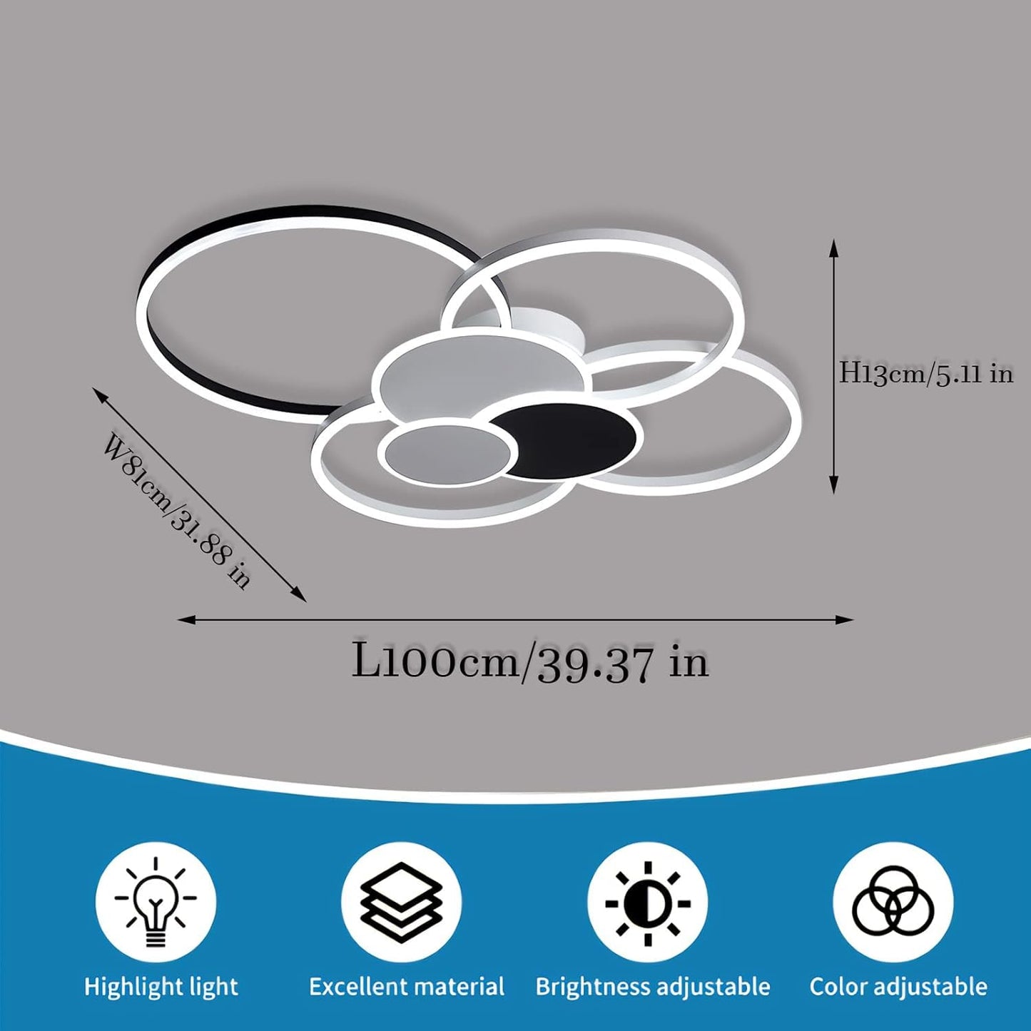 WERSVG L80cm Modern LED Deckenleuchte Wohnzimmer Deckenlampe gold 6-Ring Deckenleuchte 70W 5600LM Dimmbar 3500K - 6500KMit Fernbedienung flurlampe decke, für Wohnzimmer Schlafzimmer Küche Esszimmer