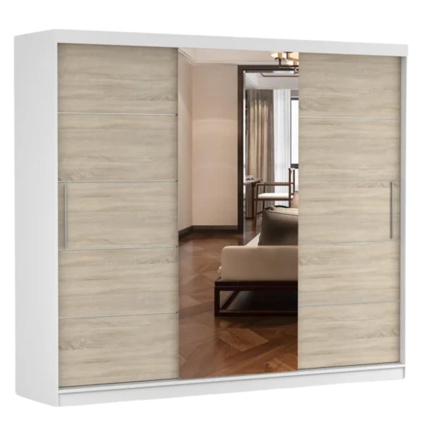 Fabryka Mebli Idźczak Kleiderschrank mit Spiegel, Schiebetüren - Weißer Schwebetürenschrank, Schlafzimmerschrank - 61 x 250 x 218 cm - Schrank für Schlafzimmer, Wohnzimmer, Garderobe