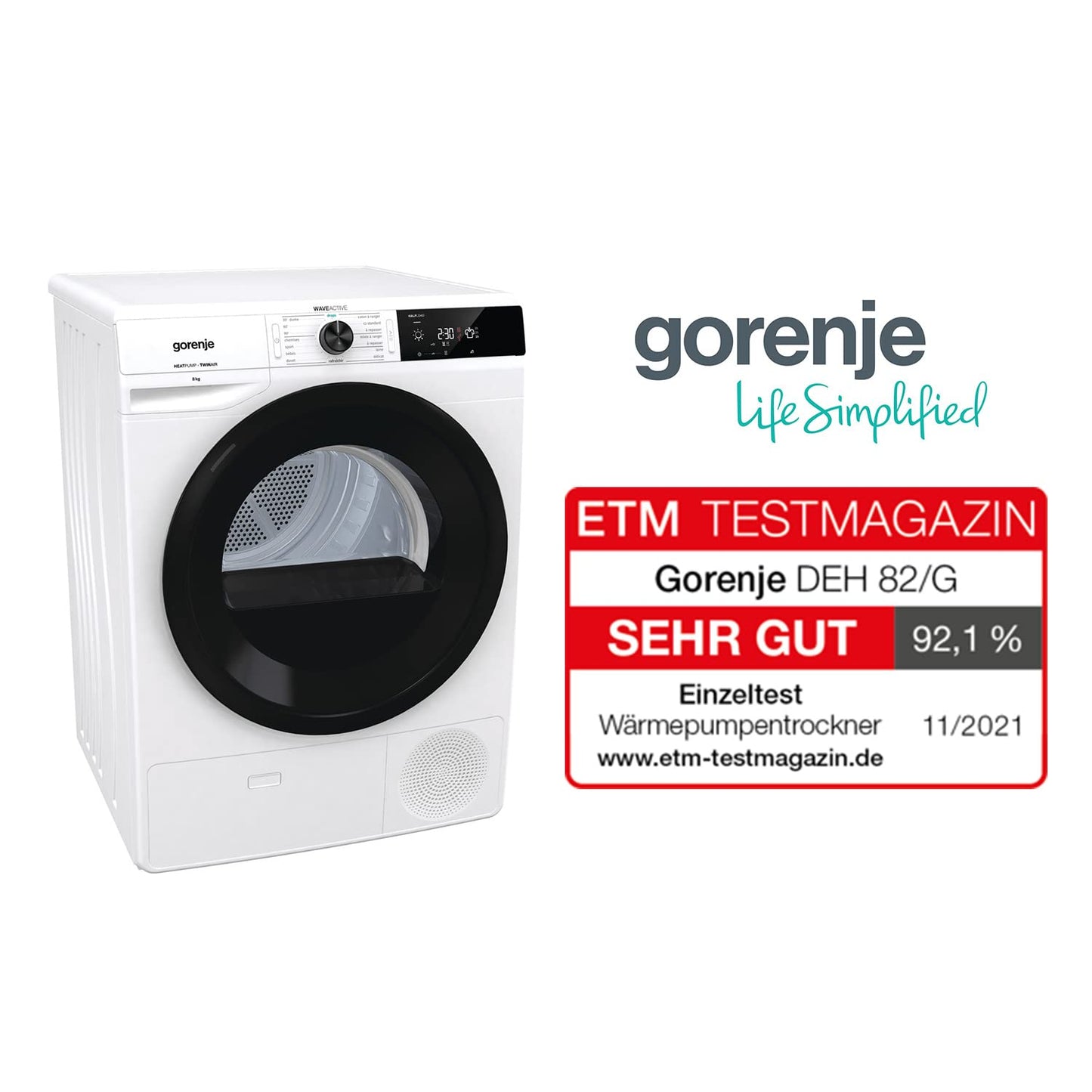 Gorenje DPNE82/GN Trockner/Kondensation mit Wärmepumpe / 8kg / 16 Programme/WIFI/Made in Europe/WaveActive Trommel/TwinAir/Feuchtesensor/Naturedry/LED Display/EEK: A++