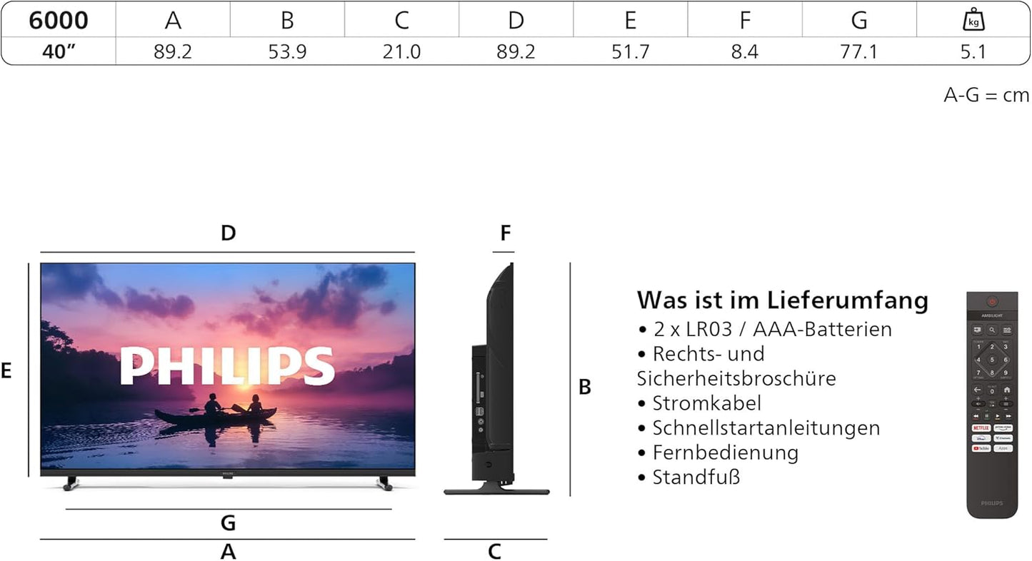 Philips 40PFS6000 HD LED Smart TV - 40 Zoll Display mit Pixel Plus, Titan OS Plattform Und Dolby Digital Sound - Funktioniert Mit Alexa Und Google Sprachassistent