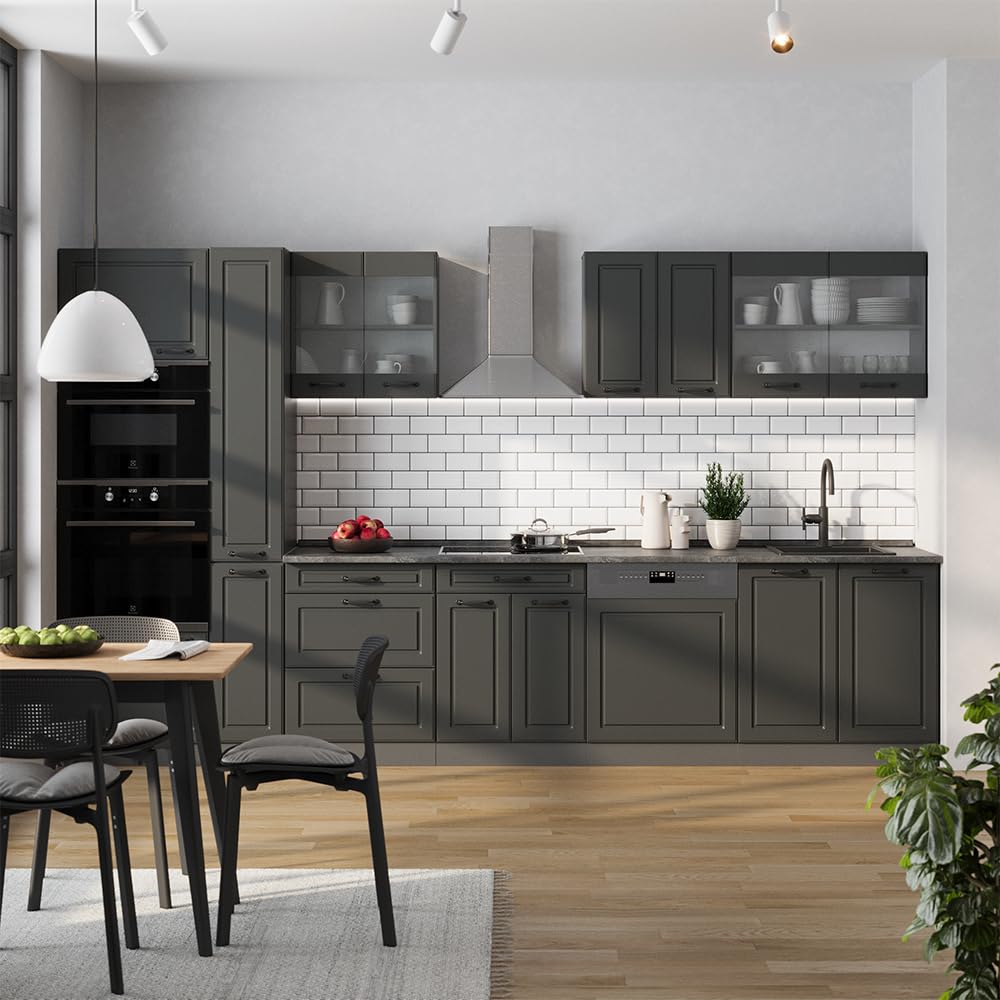 Vicco R-Line Fitted Kitchen Cabinets Anthracite Kitchen Furniture (Anthracite / White High Gloss, MUS 350 cm)