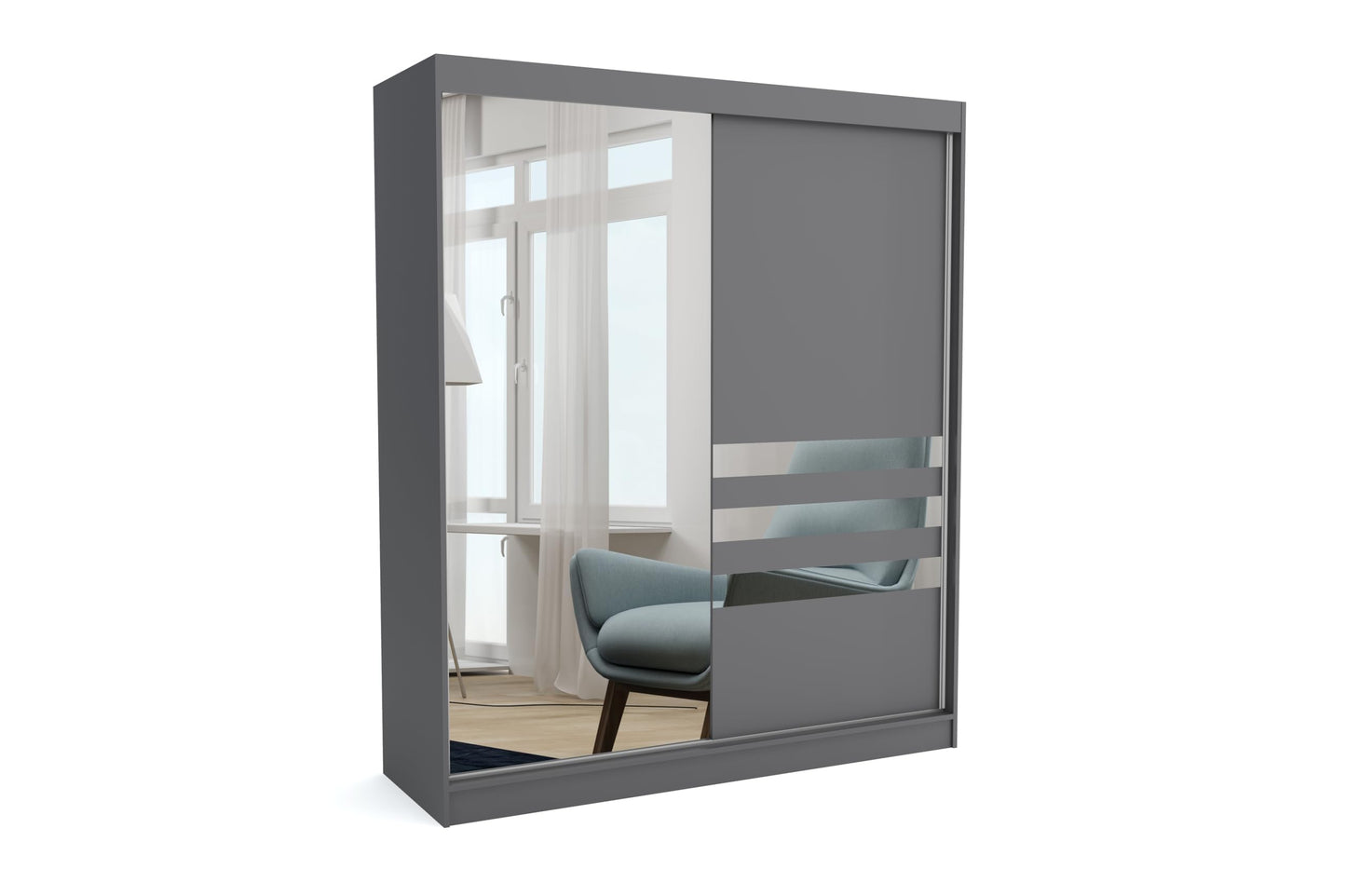 Brent - Kleiderschrank mit Spiegel Henry, 250cm Breit, Schlafzimmerschrank mit 1 Kleiderstange und Einlegeböden für Kleidung, Kleiderschrank Grau