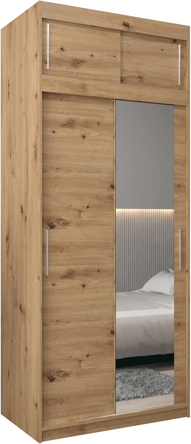 MEBLE KRYSPOL Kleiderschrank mit Spiegel Tokyo 2 - Garderobenschrank - Schrank Schlafzimmer - Mehrzweckschrank DREI Schiebetüren - Regalen - Flur Möbel - Kleiderstange Schrank - Allzweckschrank