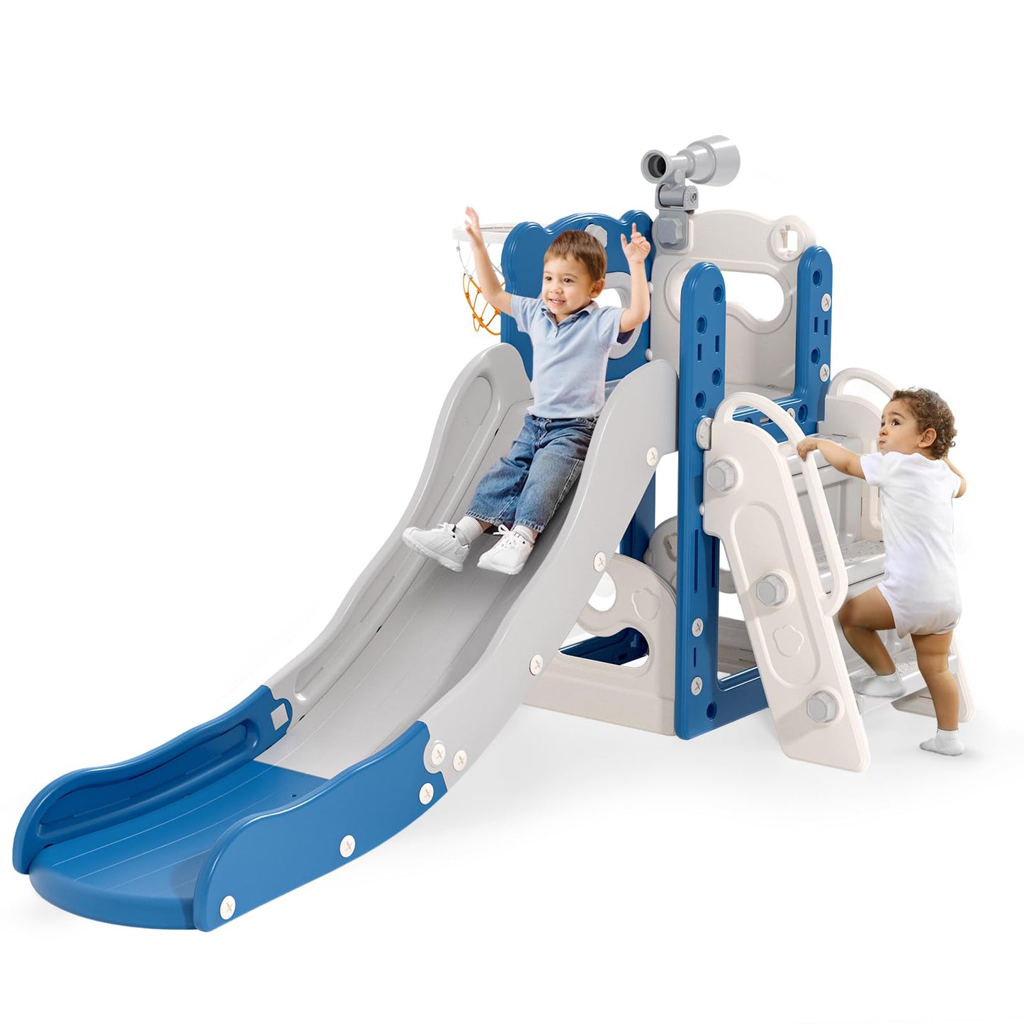 Krovtoy Kleinkindrutsche mit Weihnachtselch-Motiv, freistehende Kleinkindrutsche mit Golf-Set, Babyrutsche, Spielplatzgerät, für den Innen- und Außenbereich (Grau Beige - 6 in 1)