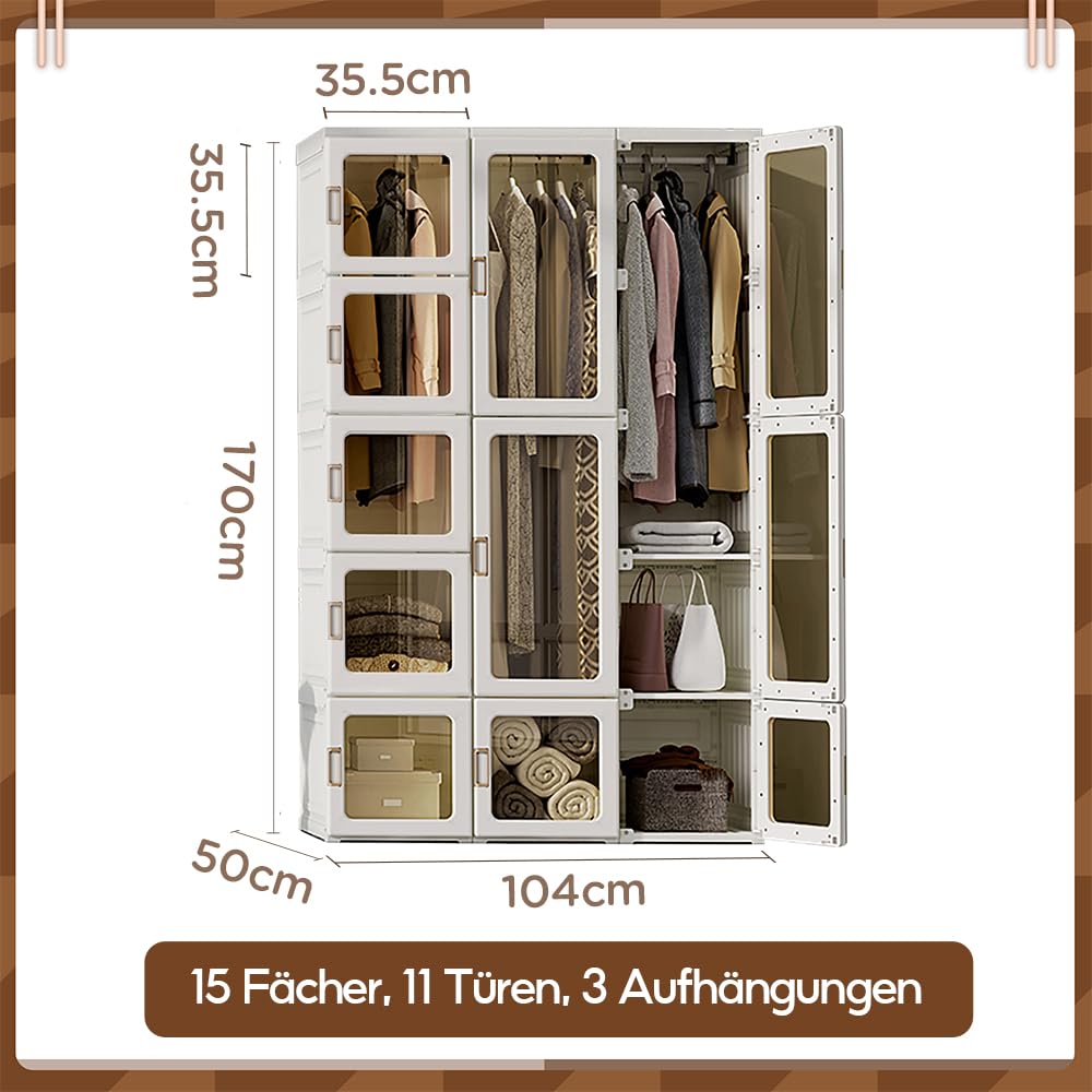 MAYIBOX Foldable Wardrobe, 104 x 170 x 50 cm, Quick Assembly, Versatile Wardrobe with Clothes Rail and Magnetic Doors, Perfect for Bedroom and Living Room, Brown Transparent Door Plate