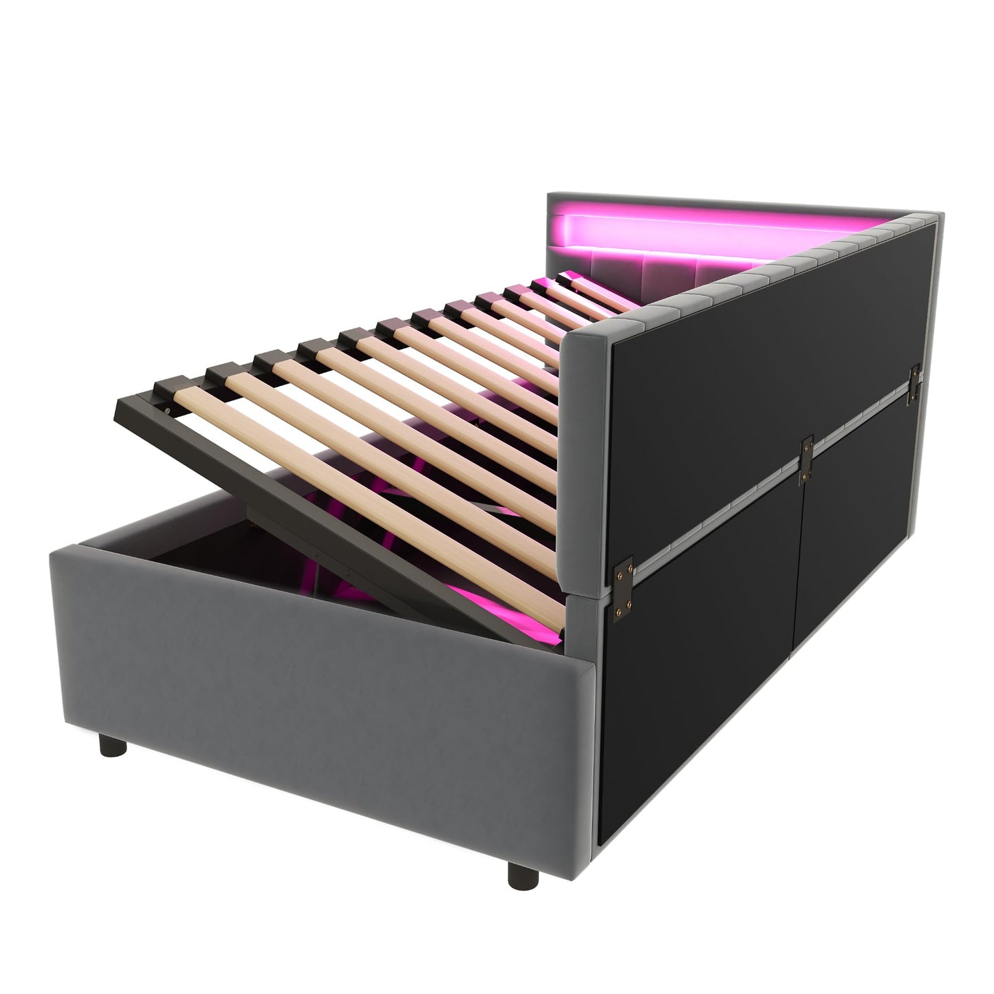 KEYIDE Upholstered Sofa Bed, 140 x 200 cm with LED Lighting and USB Charging, Bed Frame with Wooden Slatted Frame, Day Bed, Guest Bed, Youth Bed, Velvet Fabric, Without Mattress (Grey, 140 x 200)