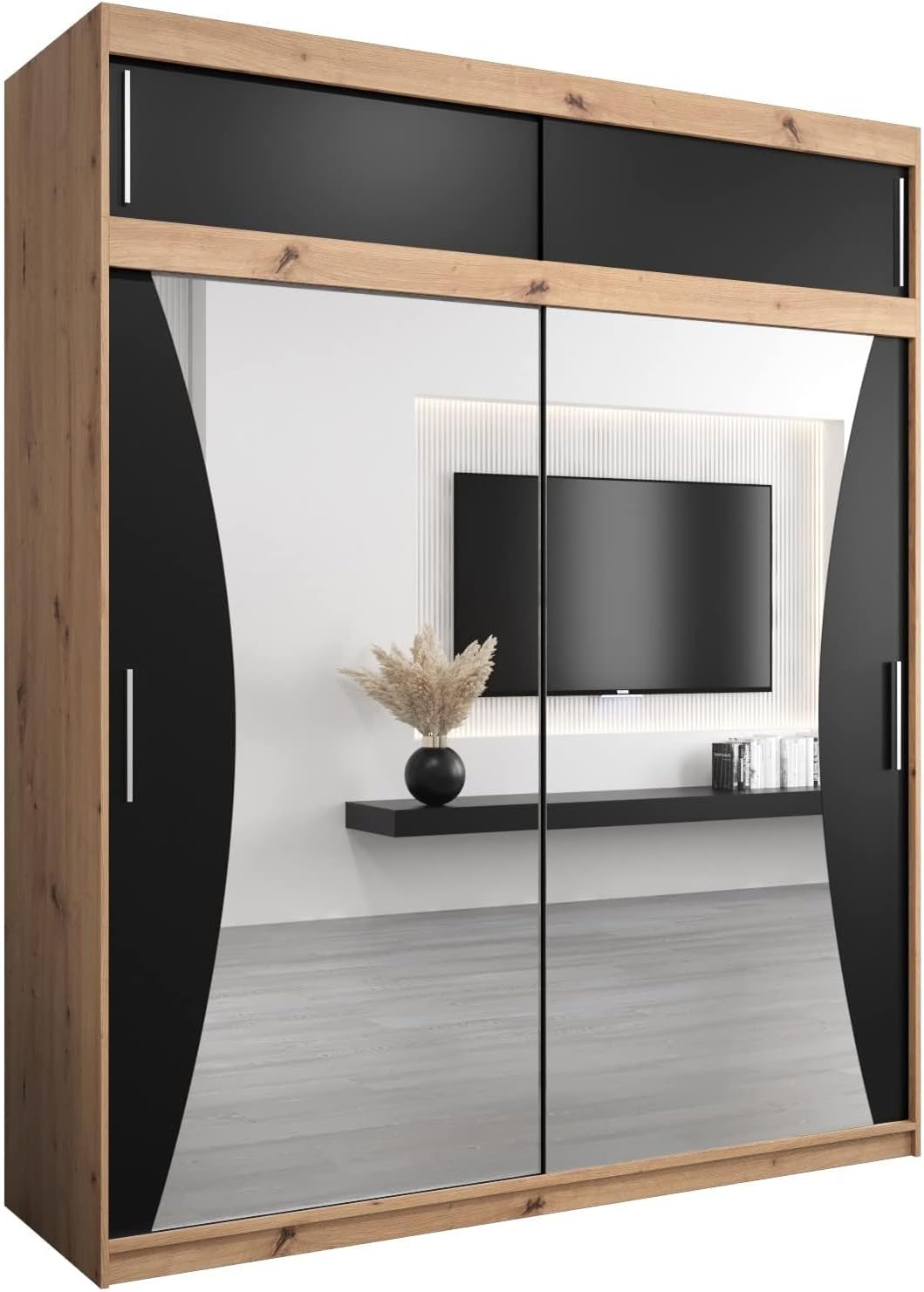 MEBLE KRYSPOL Kleiderschrank mit Spiegel Monaco - Garderobenschrank - Schrank Schlafzimmer - Mehrzweckschrank DREI Schiebetüren - Regalen - Flur Möbel - Kleiderstange Schrank - Allzweckschrank