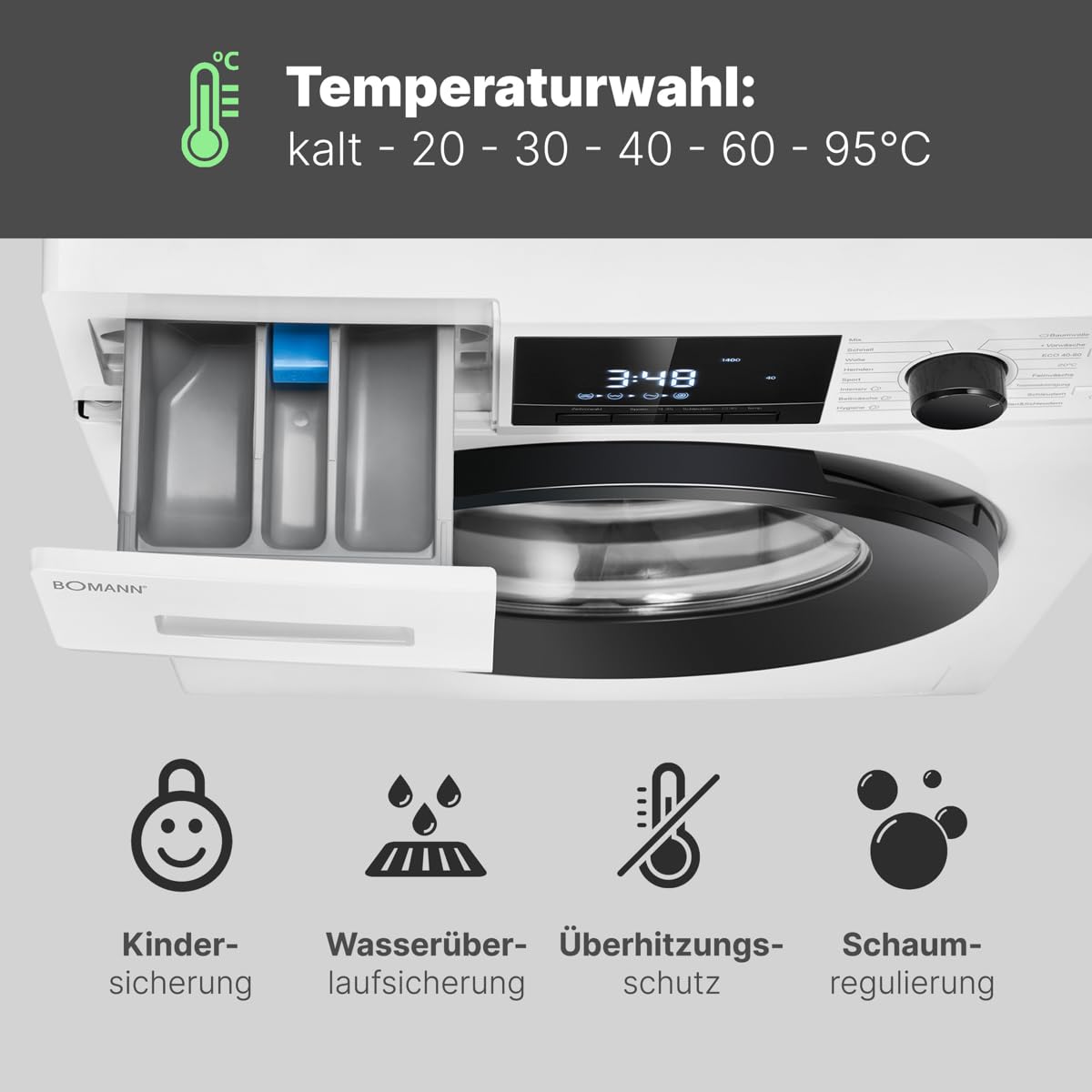 Bomann® Waschmaschine 10kg | max. 1400 U/min | 16 Programme | Bürstenloser DC-Motor: effizient, leise und langlebig | Endzeitvorwahl | Zulaufschlauch-Sicherheitssystem | Washing Machine | WA 7111