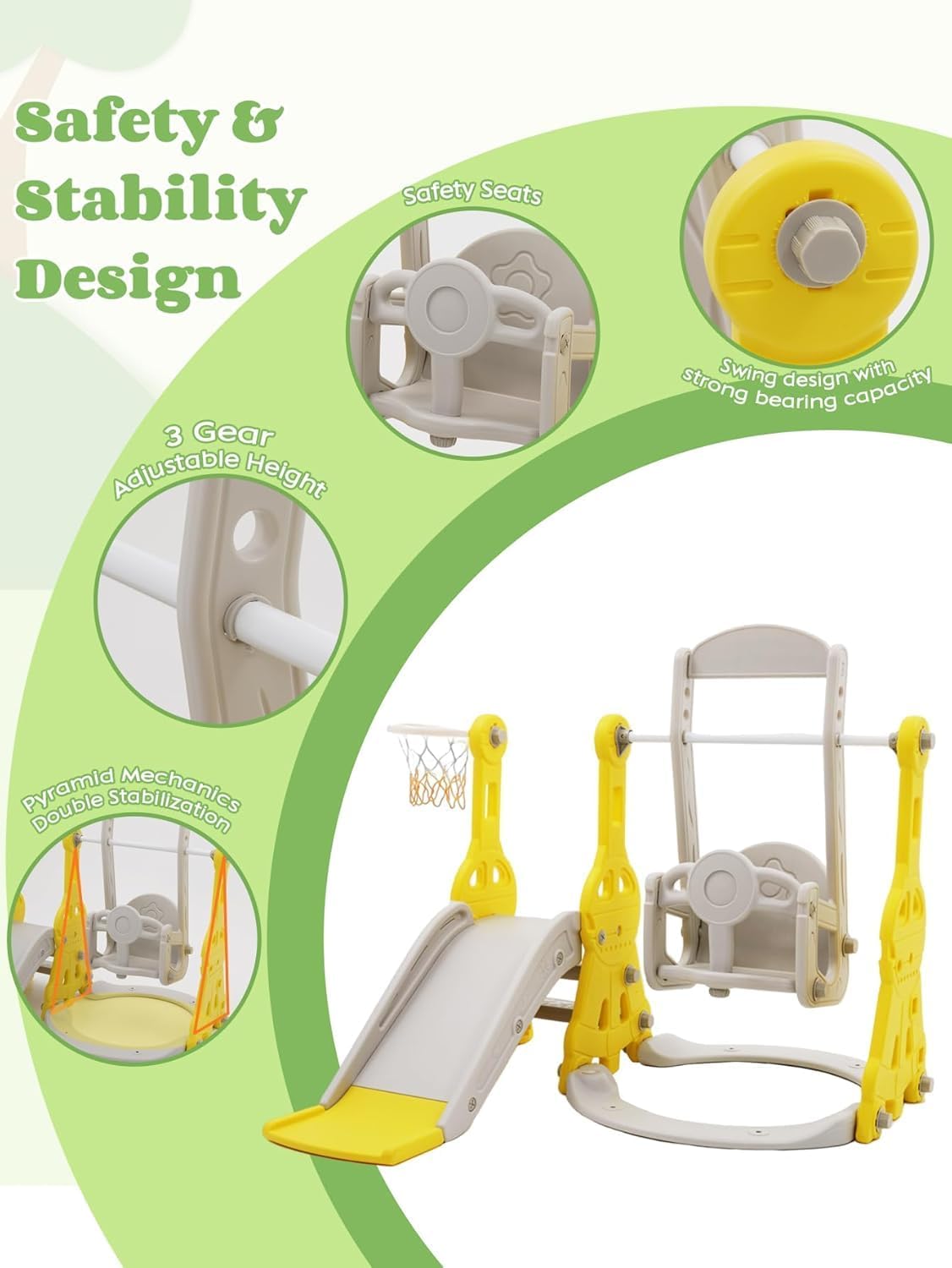 Children's Slide, 4-in-1 Indoor & Outdoor Slide, Freestanding Slide with Basketball Hoop & Height-Adjustable Swing, Garden Slide, Children's Playground, Yellow