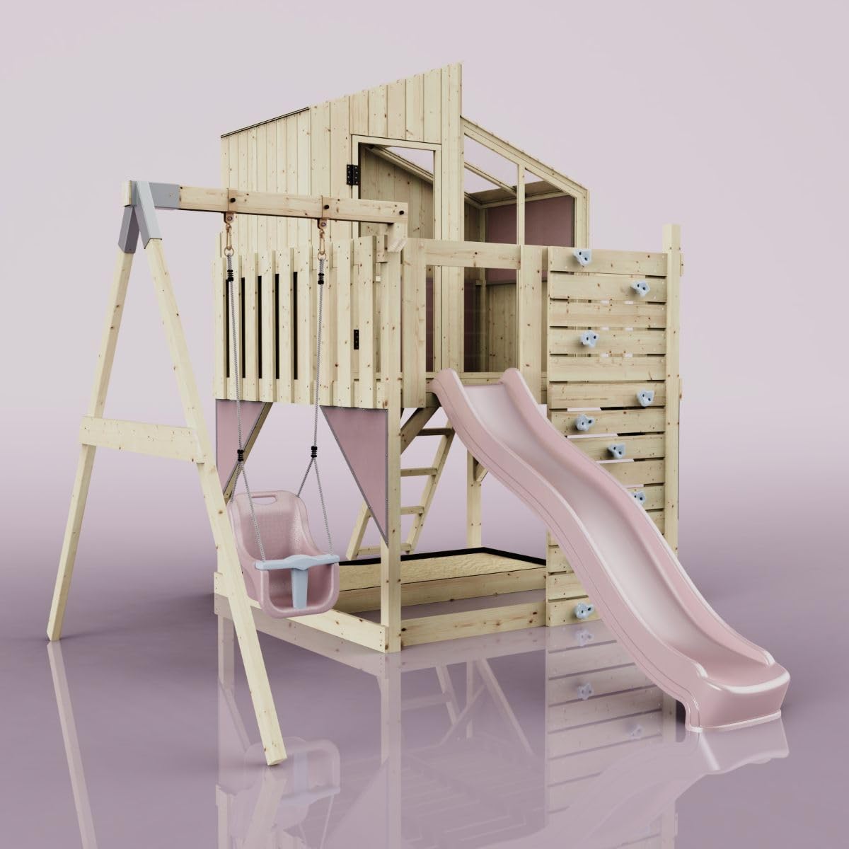 Rebo Spielturm mit Spielhaus inkl. Wellenrutsche und Kinder-Schaukel | Outdoor Klettergerüst Garten | Kletterwand und Kletterleiter | Stabile Konstruktion, Weiches Gefühl in den Seilen